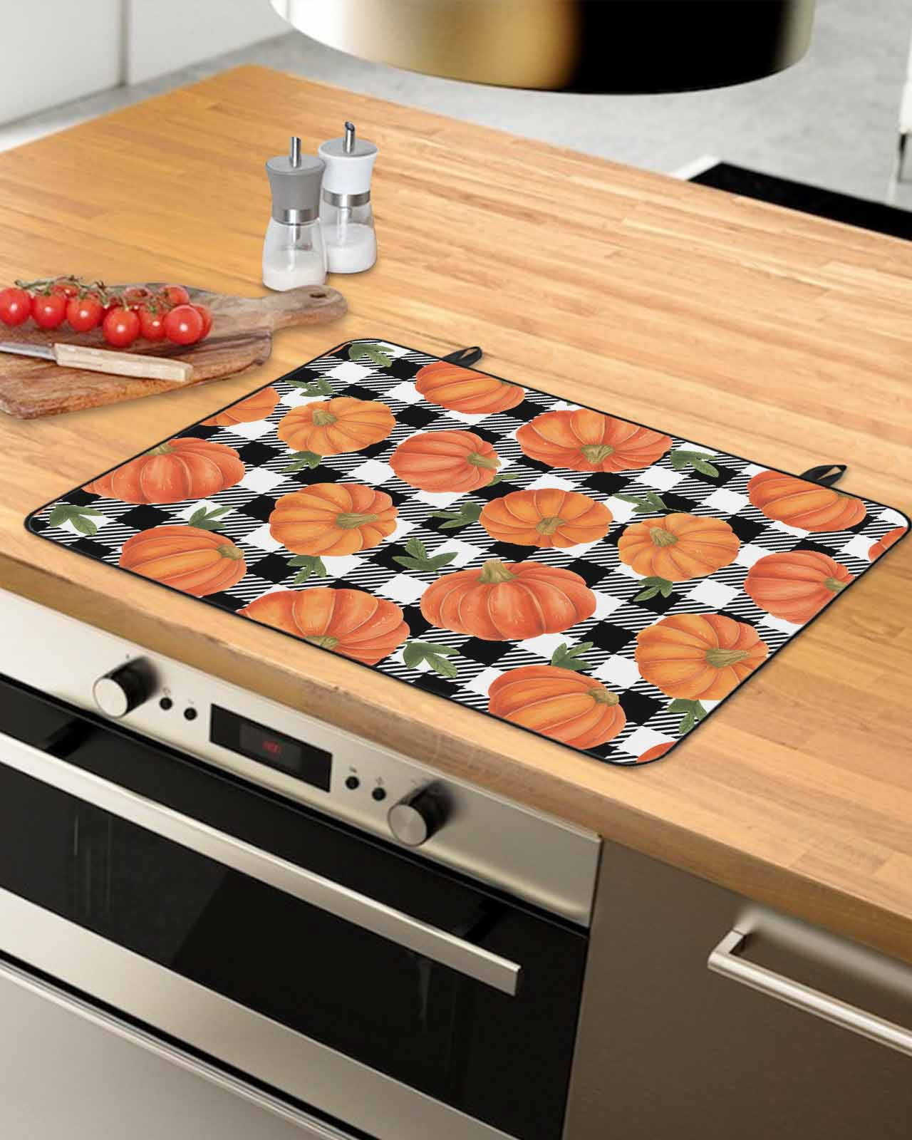 Large Induction Cooktop Protector Mat Thanksgiving Stove Top Covers for Electric Stove, Fall Orange Pumpkin Black White Plaid Decorative Stove Burner Cover Mats, Glass Top Stove Cover