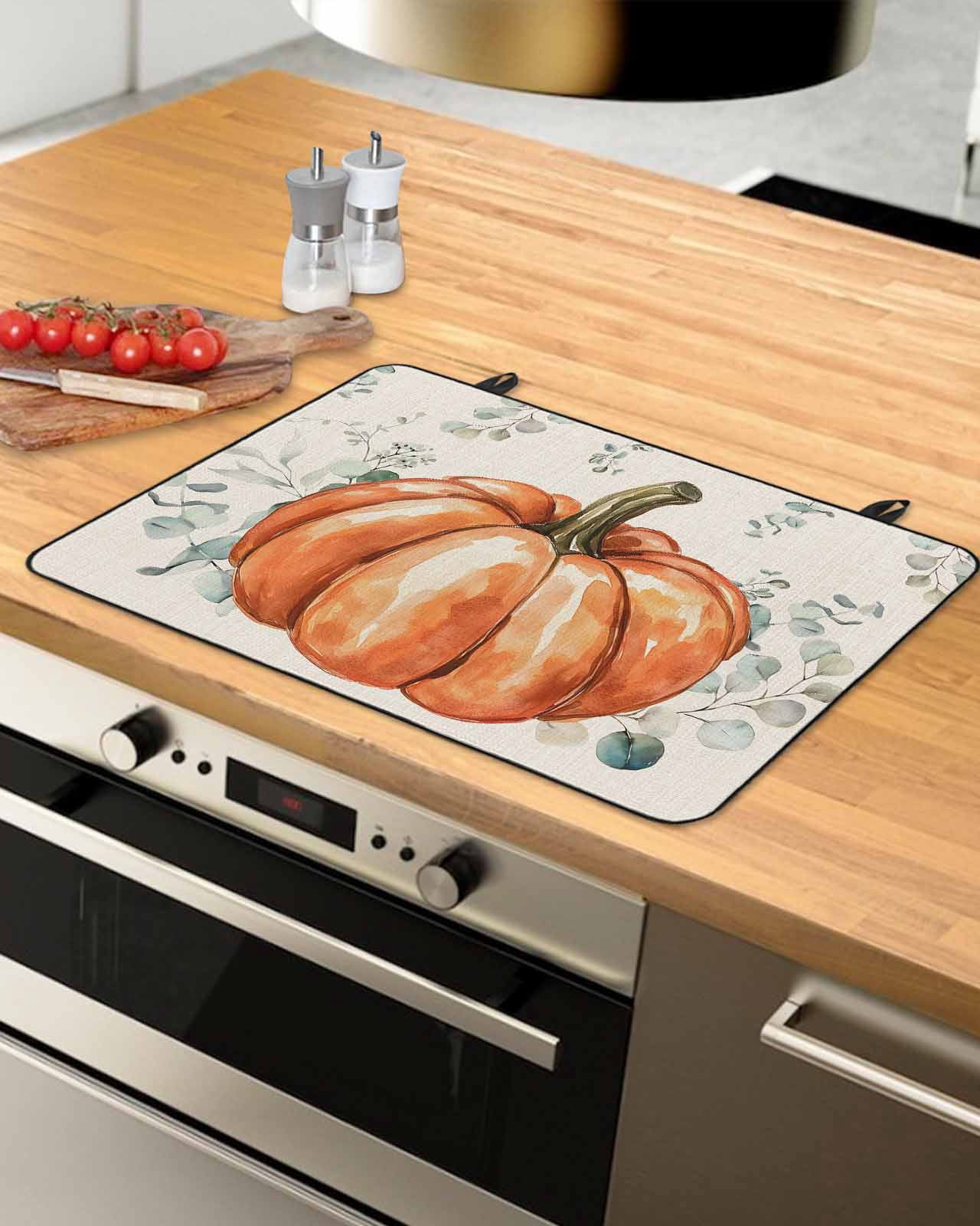 Large Induction Cooktop Protector Mat Thanksgiving Stove Top Covers for Electric Stove, Fall Orange Pumpkin Eucalyptus Leaves Decorative Stove Burner Cover Mats, Glass Top Stove Cover