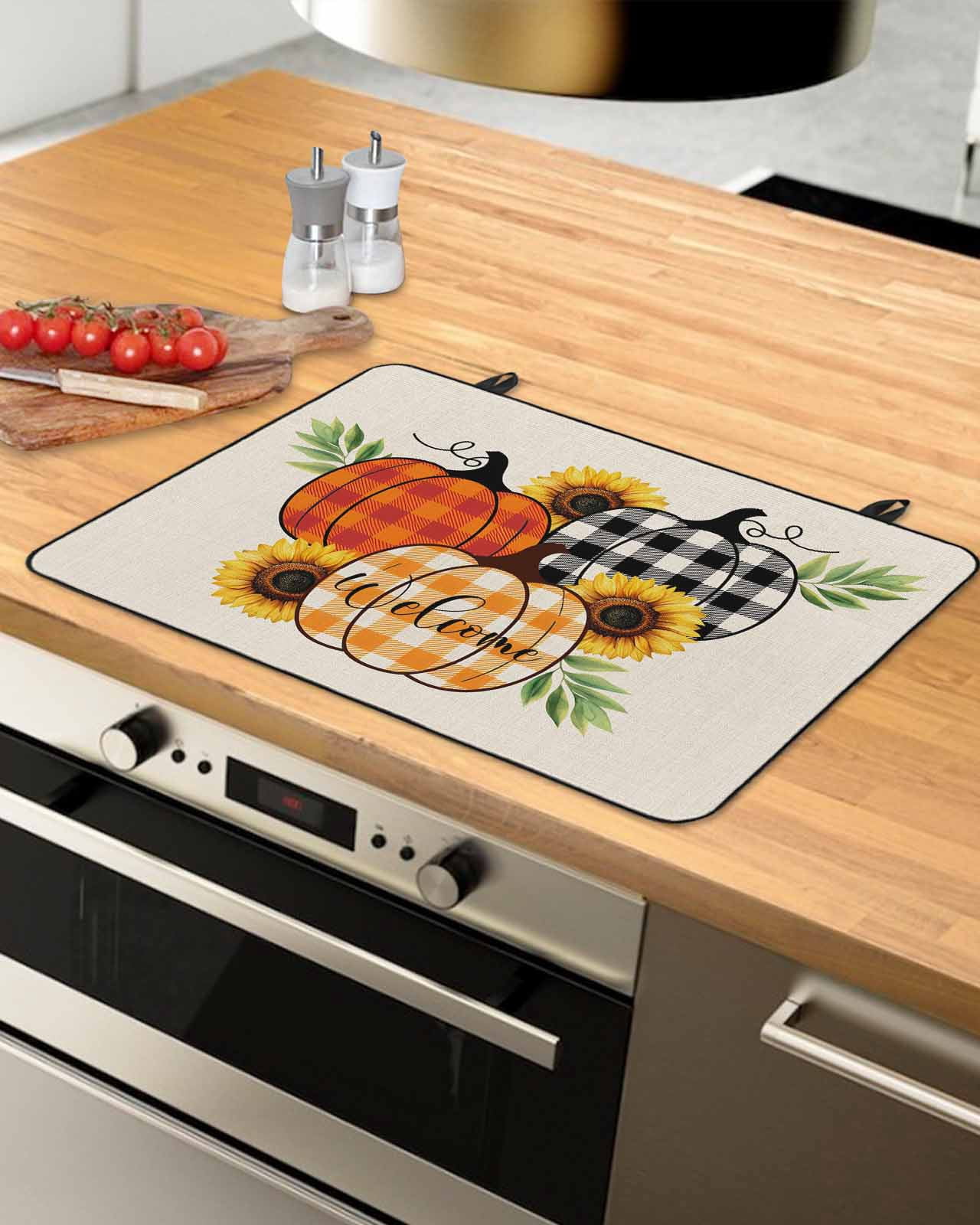 Large Induction Cooktop Protector Mat Thanksgiving Stove Top Covers for Electric Stove, Fall Rustic Colorful Plaid Pumpkin Sunflower Decorative Stove Burner Cover Mats, Glass Top Stove Cover
