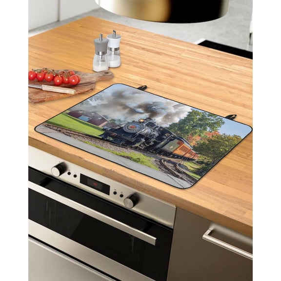 Large Induction Cooktop Protector Mat Train Railway Stove Top Covers for Electric Stove, Countryside Cabin Trees Farmhouse Rustic Decorative Stove Burner Cover Mats, Glass Top Stove Cover