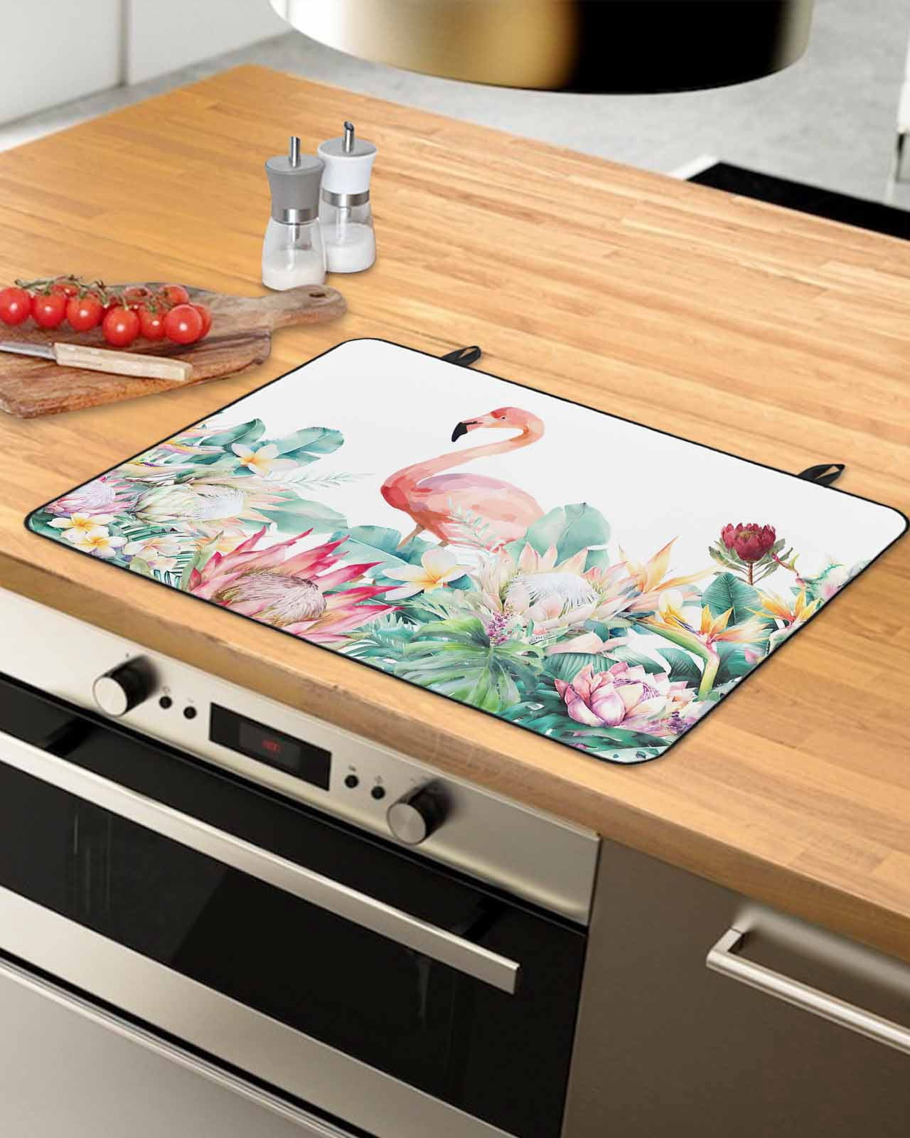 Large Induction Cooktop Protector Mat Tropical Flamingo Stove Top Covers for Electric Stove, Botanical Summer Watercolor Flower Plant Decorative Stove Burner Cover Mats, Glass Top Stove Cover