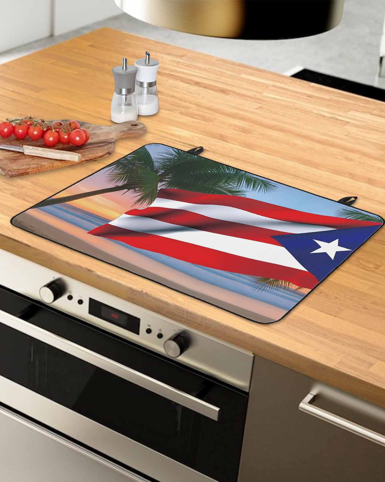 Large Induction Cooktop Protector Mat USA Flag Stove Top Covers for Electric Stove, Vintage Puerto Rico Sandy Palm Tree Ocean Decorative Stove Burner Cover Mats, Glass Top Stove Cover