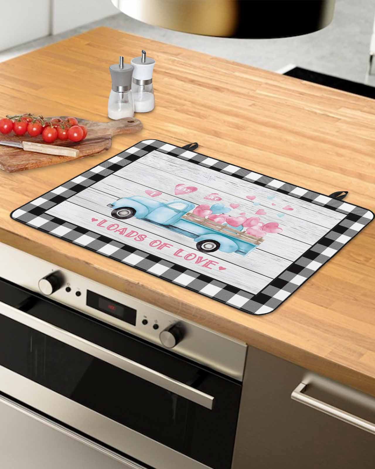Large Induction Cooktop Protector Mat Valentine's Day Stove Top Covers for Electric Stove, Blue Love Truck Buffalo Plaid Romantic Wood Decorative Stove Burner Cover Mats, Glass Top Stove Cover