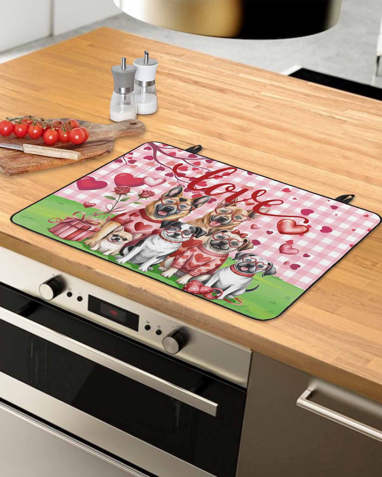 Large Induction Cooktop Protector Mat Valentine's Day Stove Top Covers for Electric Stove, Funny Dogs Love Roses Spring Pink Plaid Decorative Stove Burner Cover Mats, Glass Top Stove Cover