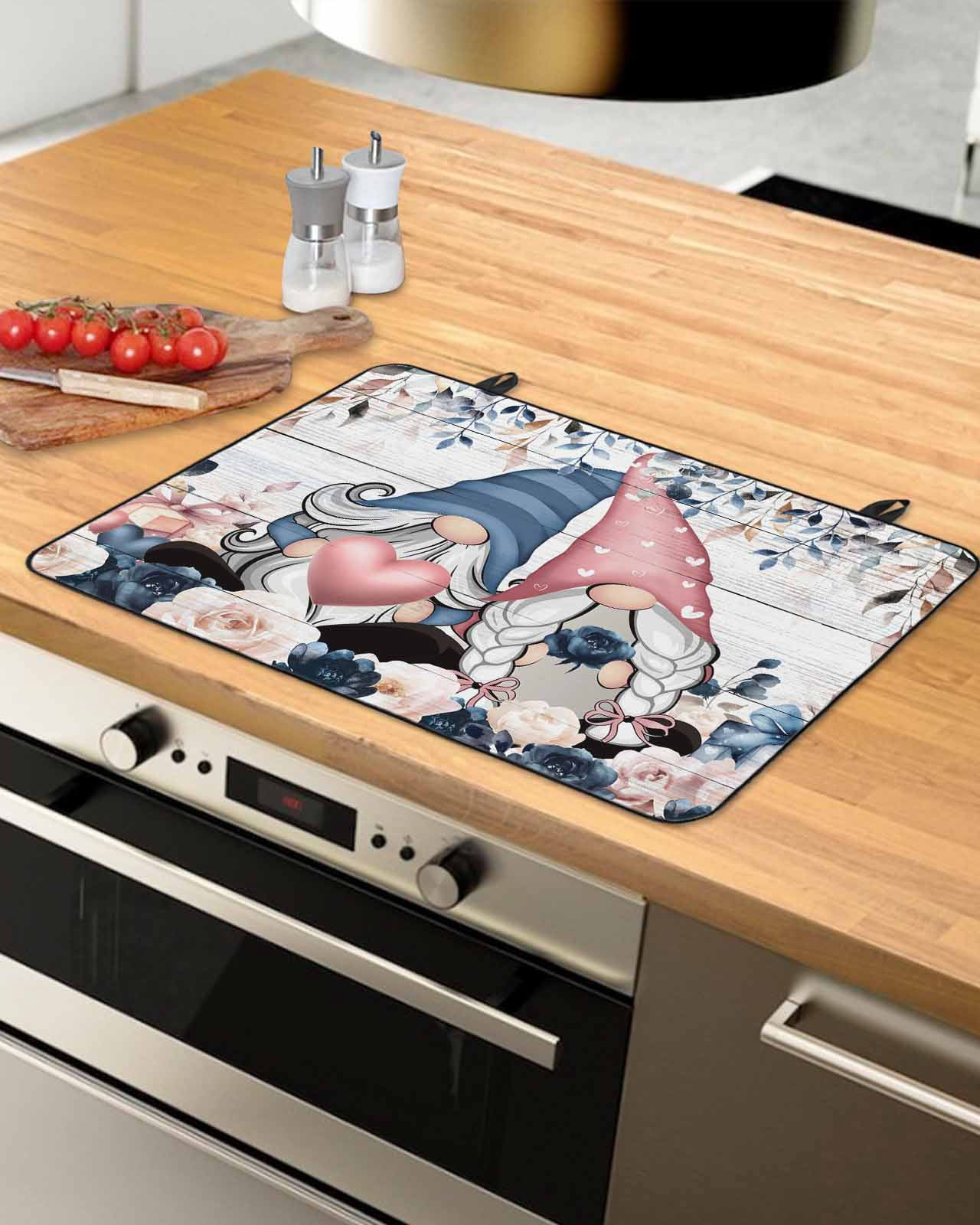 Large Induction Cooktop Protector Mat Valentine's Day Stove Top Covers for Electric Stove, Gnomes Pink Blue Roses Wooden Grain Decorative Stove Burner Cover Mats, Glass Top Stove Cover
