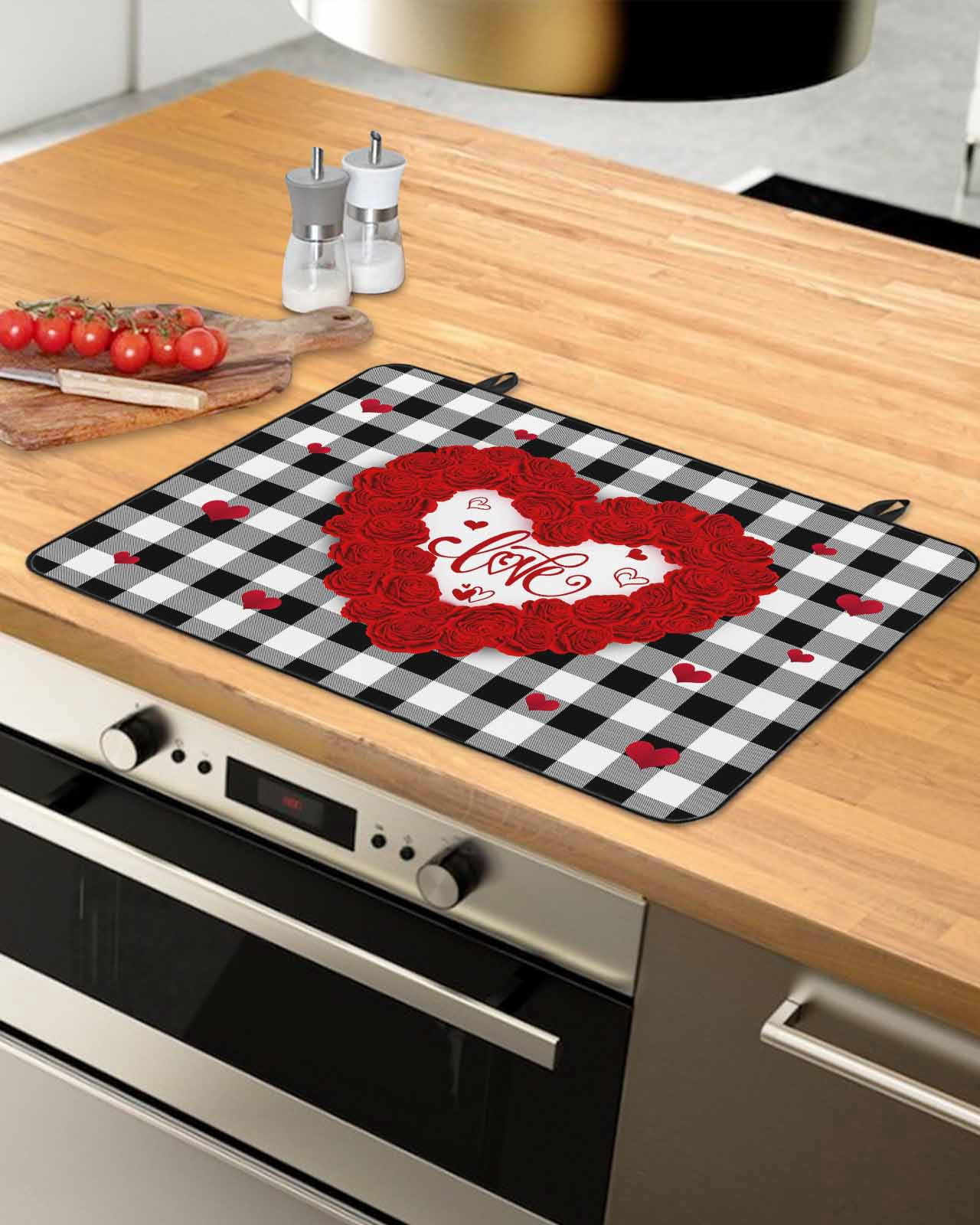 Large Induction Cooktop Protector Mat Valentine's Day Stove Top Covers for Electric Stove, Love Heart Romantic Black White Plaid Decorative Stove Burner Cover Mats, Glass Top Stove Cover