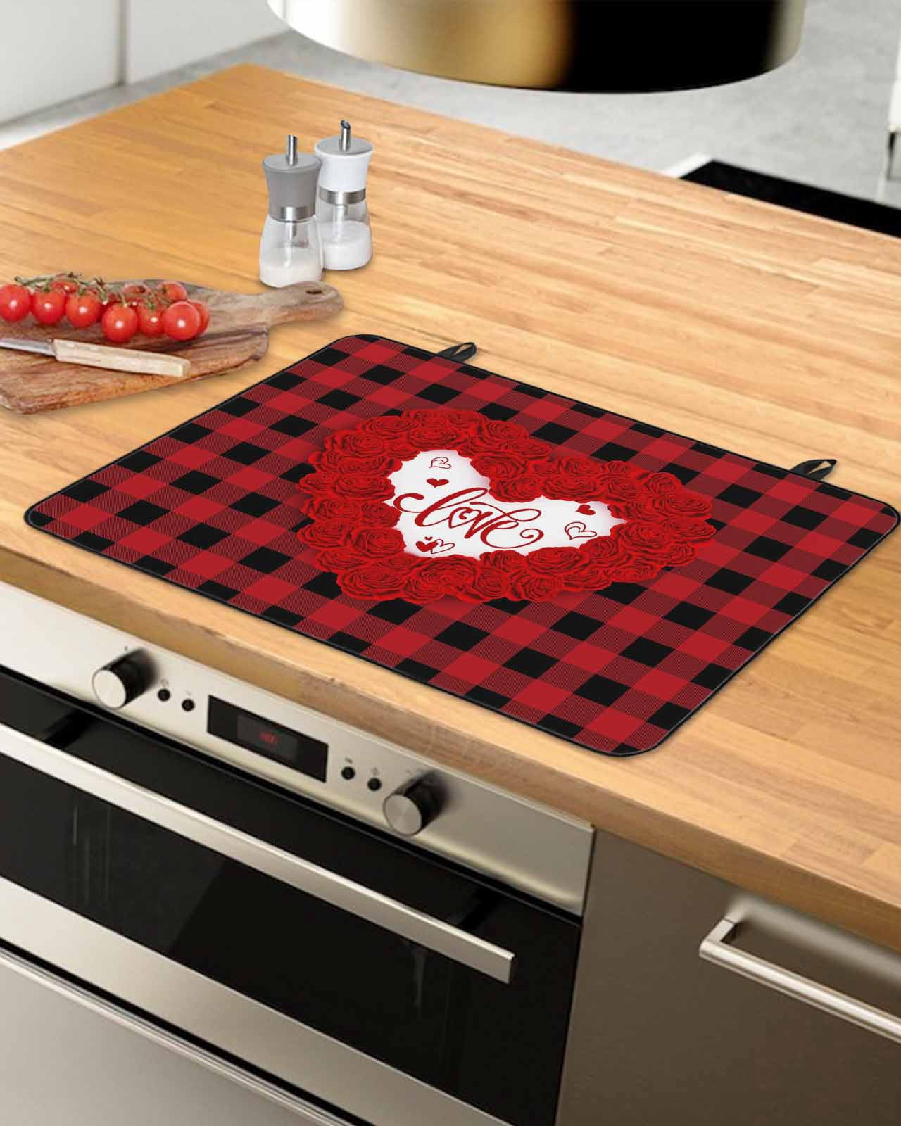 Large Induction Cooktop Protector Mat Valentine's Day Stove Top Covers for Electric Stove, Love Heart Romantic Red Black Plaid Decorative Stove Burner Cover Mats, Glass Top Stove Cover