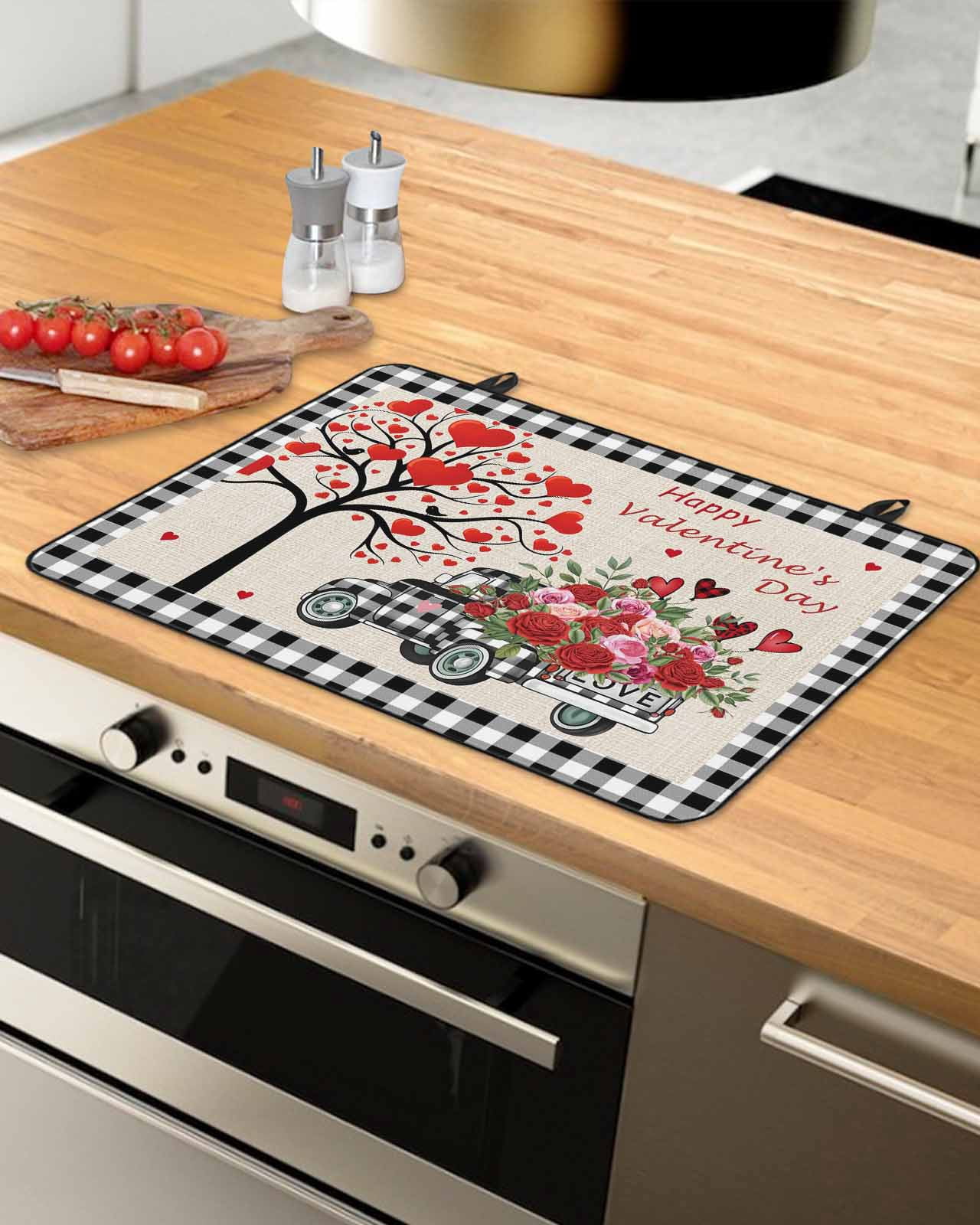 Large Induction Cooktop Protector Mat Valentine's Day Stove Top Covers for Electric Stove, Love Heart Roses Black White Plaid Romantic Rustic Decorative Stove Burner Cover Mats, Glass Top Stove Cover