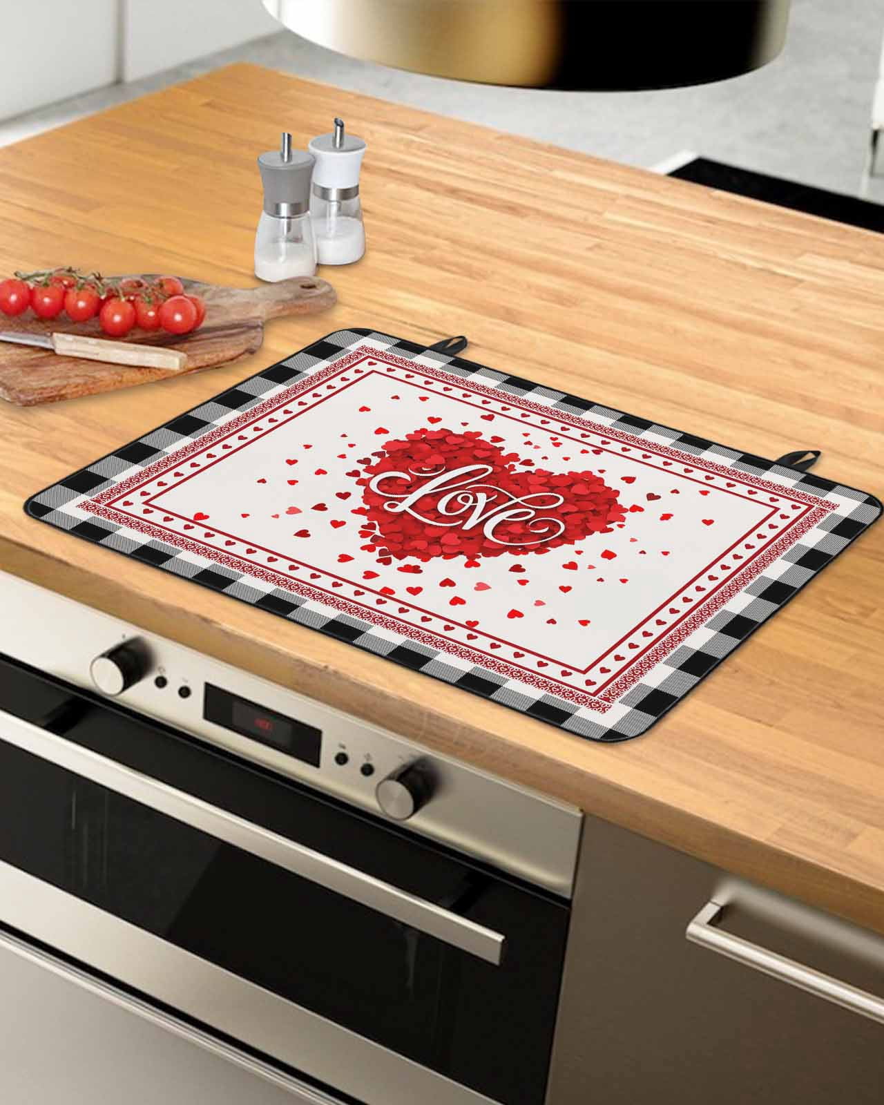 Large Induction Cooktop Protector Mat Valentine's Day Stove Top Covers for Electric Stove, Red Love Heart Checkered Romantic Modern Art Decorative Stove Burner Cover Mats, Glass Top Stove Cover