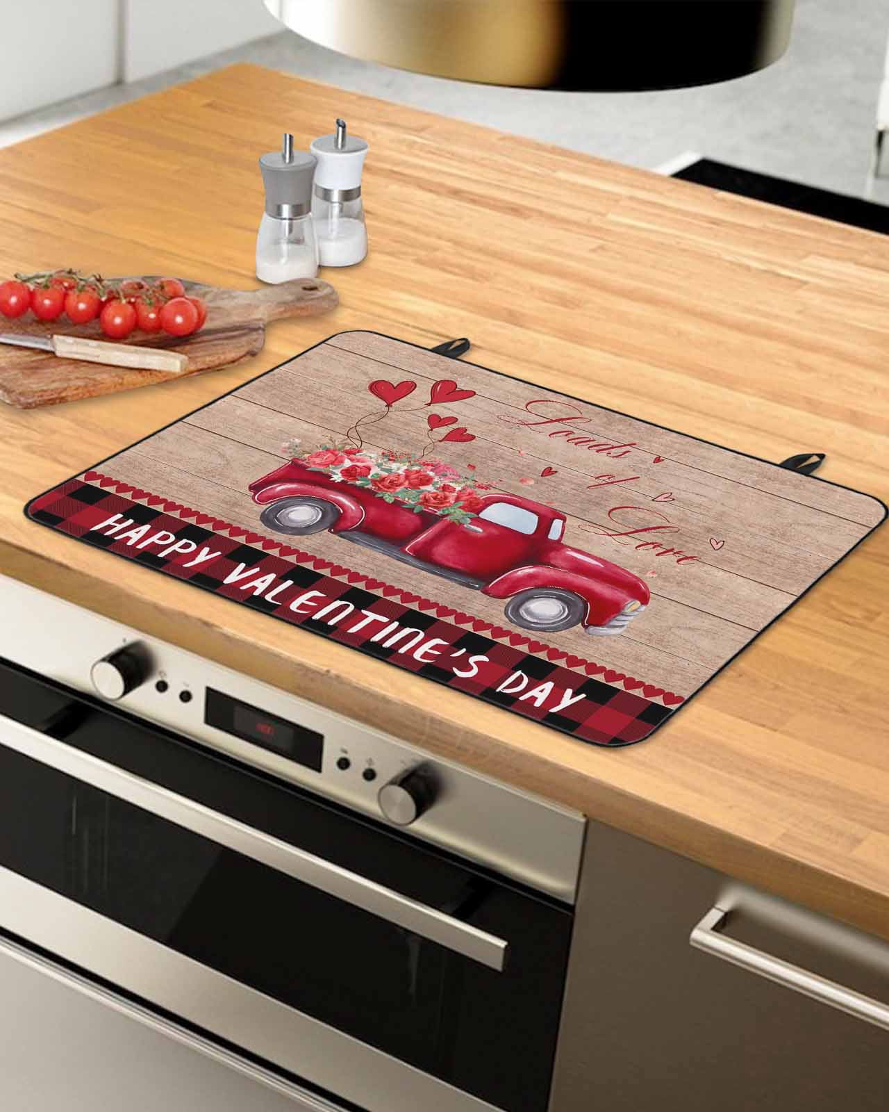 Large Induction Cooktop Protector Mat Valentine's Day Stove Top Covers for Electric Stove, Red Love Heart Roses Romantic Truck Wooden Decorative Stove Burner Cover Mats, Glass Top Stove Cover