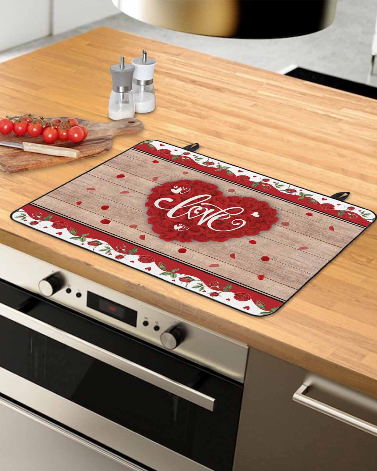Large Induction Cooktop Protector Mat Valentine's Day Stove Top Covers for Electric Stove, Red Love Heart Roses Romantic Vintage Decorative Stove Burner Cover Mats, Glass Top Stove Cover