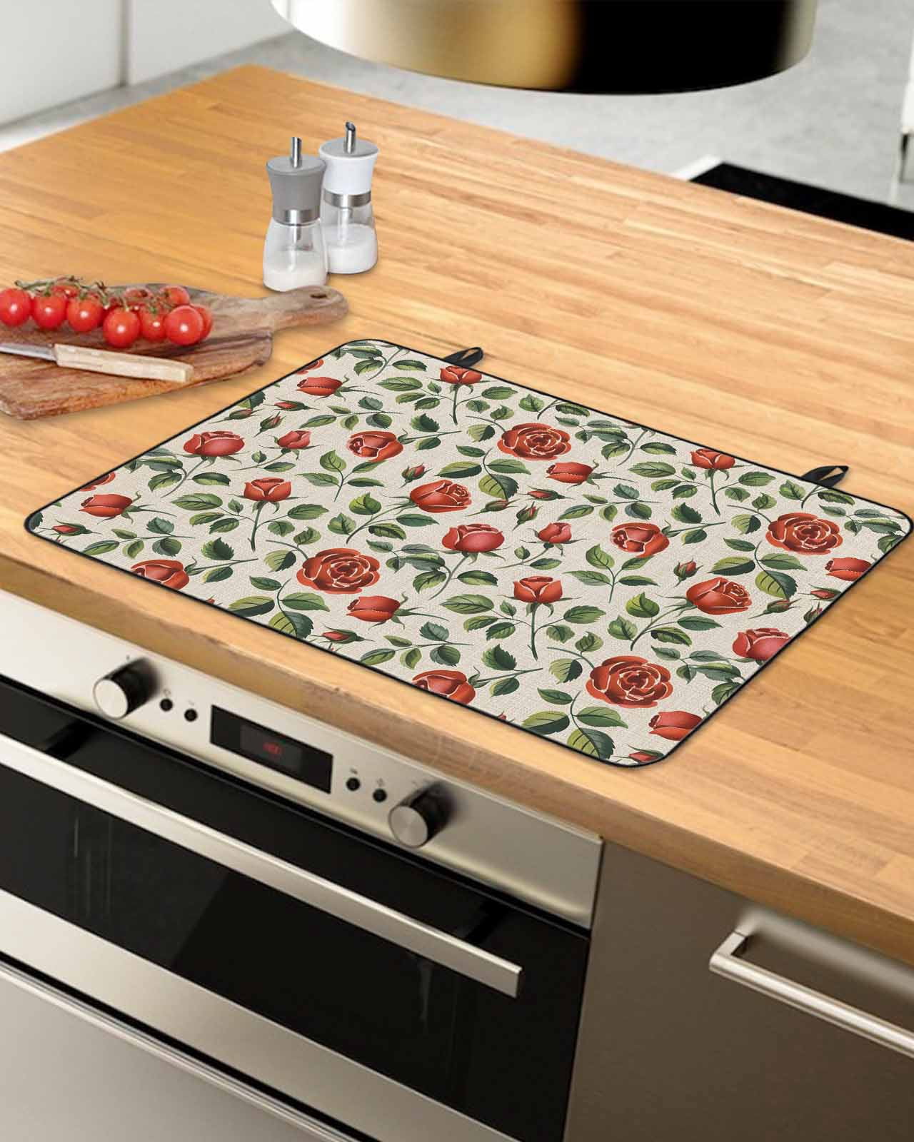 Large Induction Cooktop Protector Mat Valentine's Day Stove Top Covers for Electric Stove, Red Roses Leaves Plants Spring Beige Decorative Stove Burner Cover Mats, Glass Top Stove Cover
