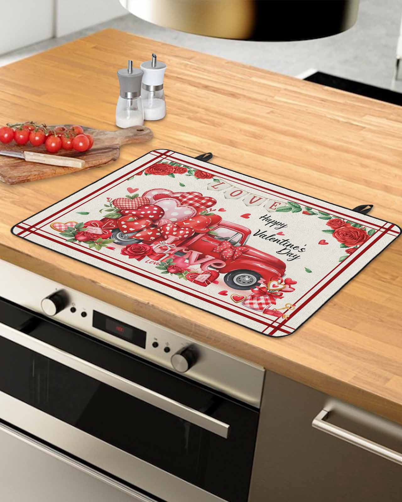 Large Induction Cooktop Protector Mat Valentine's Day Stove Top Covers for Electric Stove, Red Truck Love Roses Gifts Farmhouse Decorative Stove Burner Cover Mats, Glass Top Stove Cover