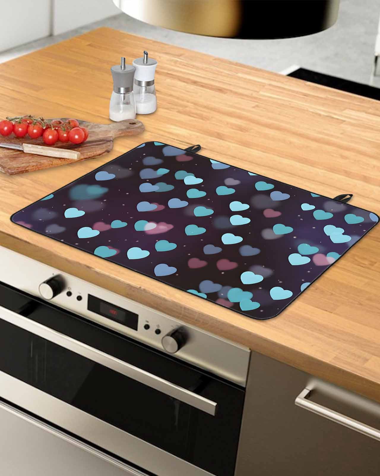Large Induction Cooktop Protector Mat Valentine's Day Stove Top Covers for Electric Stove, Teal Blue Purple Love Heart Romantic Decorative Stove Burner Cover Mats, Glass Top Stove Cover