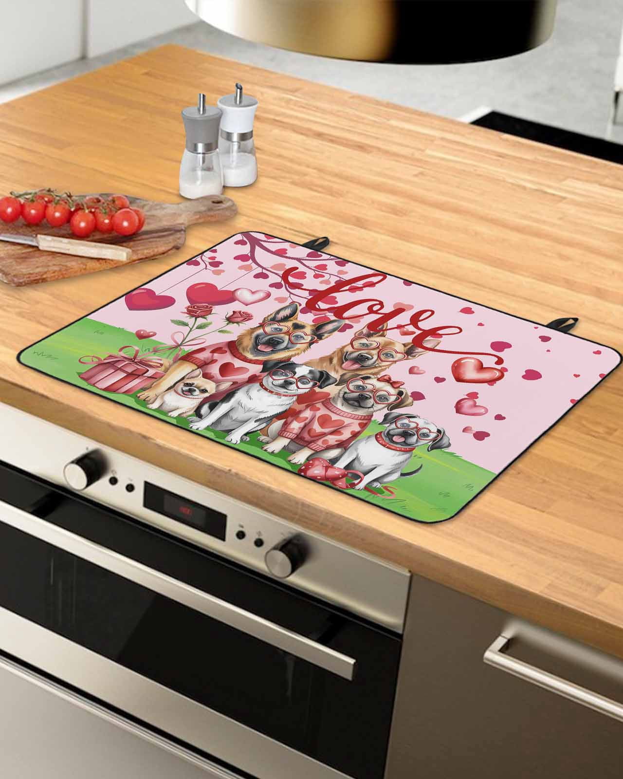 Large Induction Cooktop Protector Mat Valentine's Day Stove Top Covers for Electric Stove, Watercolor Funny Dogs Love Roses Spring Pink Decorative Stove Burner Cover Mats, Glass Top Stove Cover
