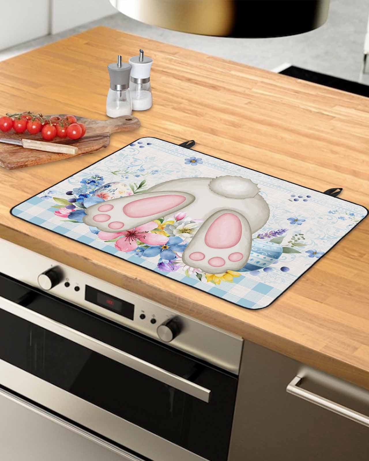 Large Induction Cooktop Protector Mat Vintage Easter Stove Top Covers for Electric Stove, Spring Floral Bunny Blue Plaid Retro Art Decorative Stove Burner Cover Mats, Glass Top Stove Cover