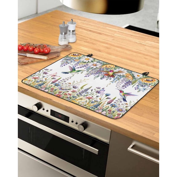Large Induction Cooktop Protector Mat Watercolor Floral Stove Top Covers for Electric Stove, Spring Daisy Sunflowers Wisteria Hummingbird Decorative Stove Burner Cover Mats, Glass Top Stove Cover
