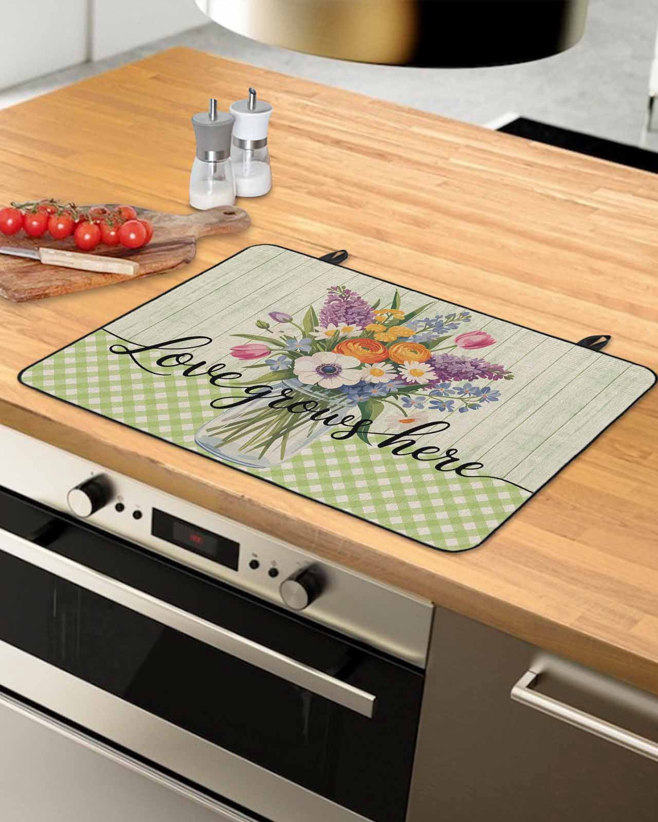 Large Induction Cooktop Protector Mat Watercolor Flowers Stove Top Covers for Electric Stove, Spring Floral Sage Green Stripes Check Decorative Stove Burner Cover Mats, Glass Top Stove Cover
