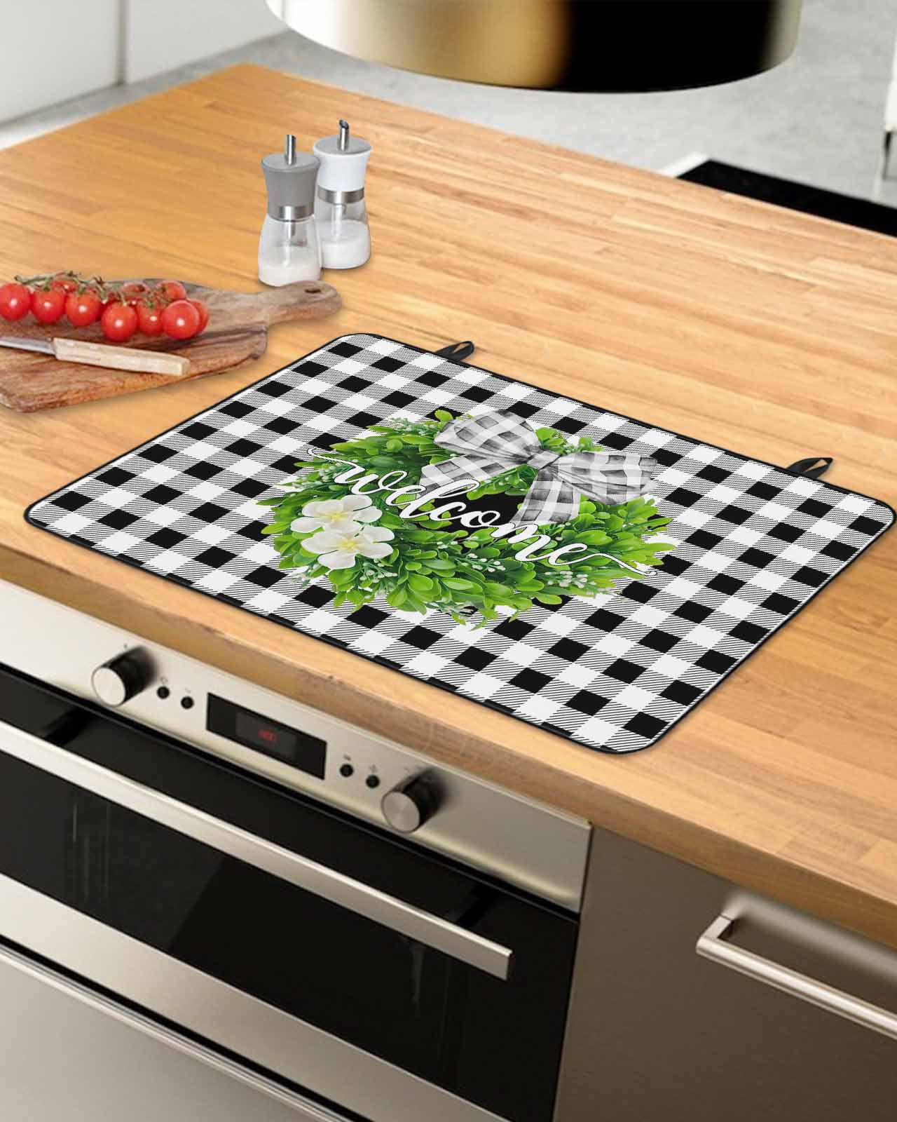 Large Induction Cooktop Protector Mat Welcome Bow Knot Wreath Stove Top Covers for Electric Stove, Summer Flowers Black Gray Plaid Decorative Stove Burner Cover Mats, Glass Top Stove Cover