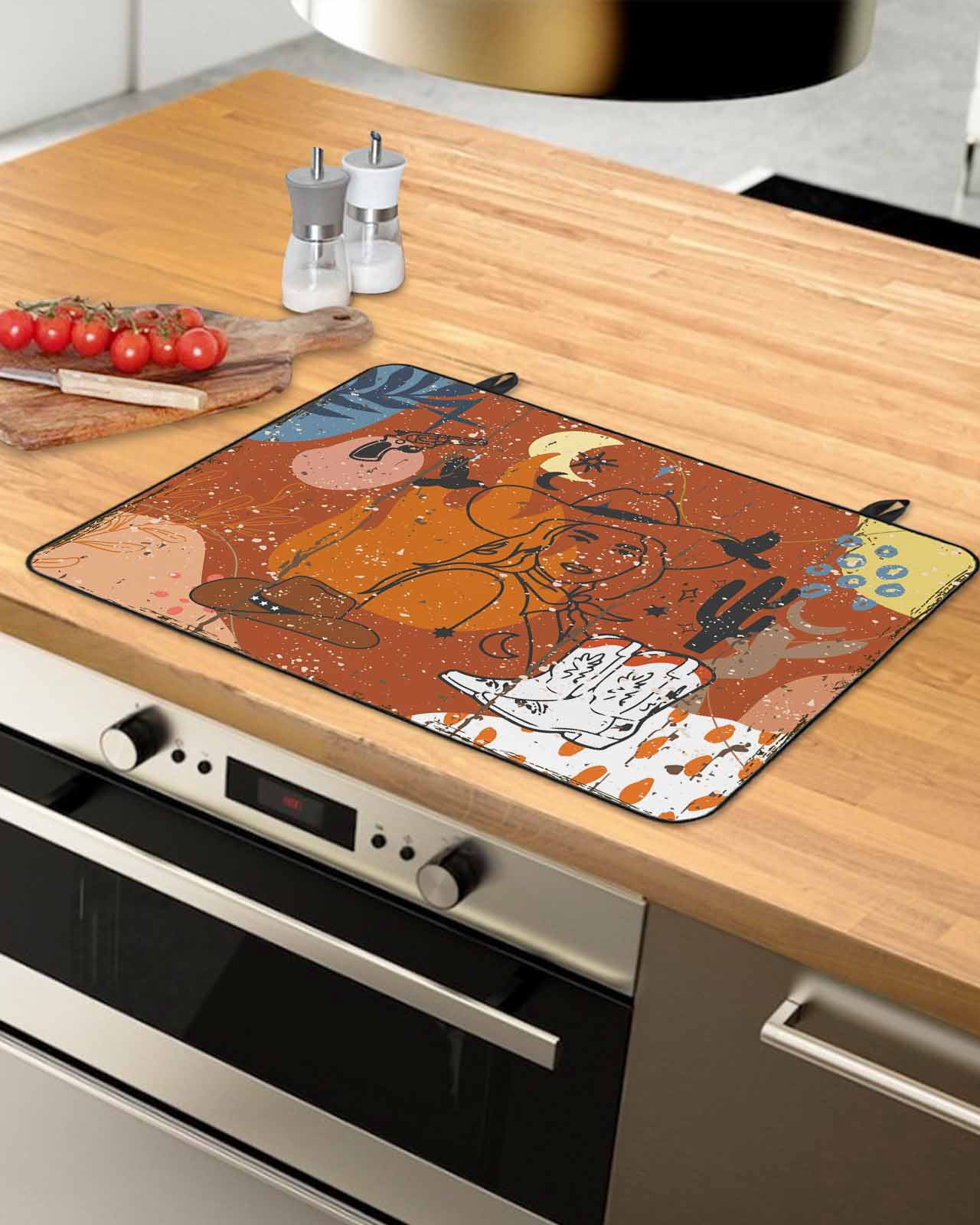 Large Induction Cooktop Protector Mat Western Cowboys Stove Top Covers for Electric Stove, Vintage Boho Abstract Cactus Orange Decorative Stove Burner Cover Mats, Glass Top Stove Cover