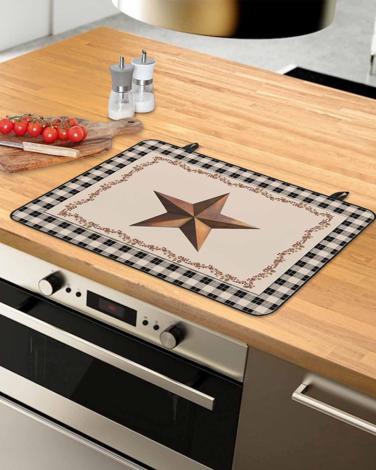 Large Induction Cooktop Protector Mat Western Texas Star Retro Stove Top Covers for Electric Stove, Rustic Vintage Berry Black Beige Plaid Decorative Stove Burner Cover Mats, Glass Top Stove Cover