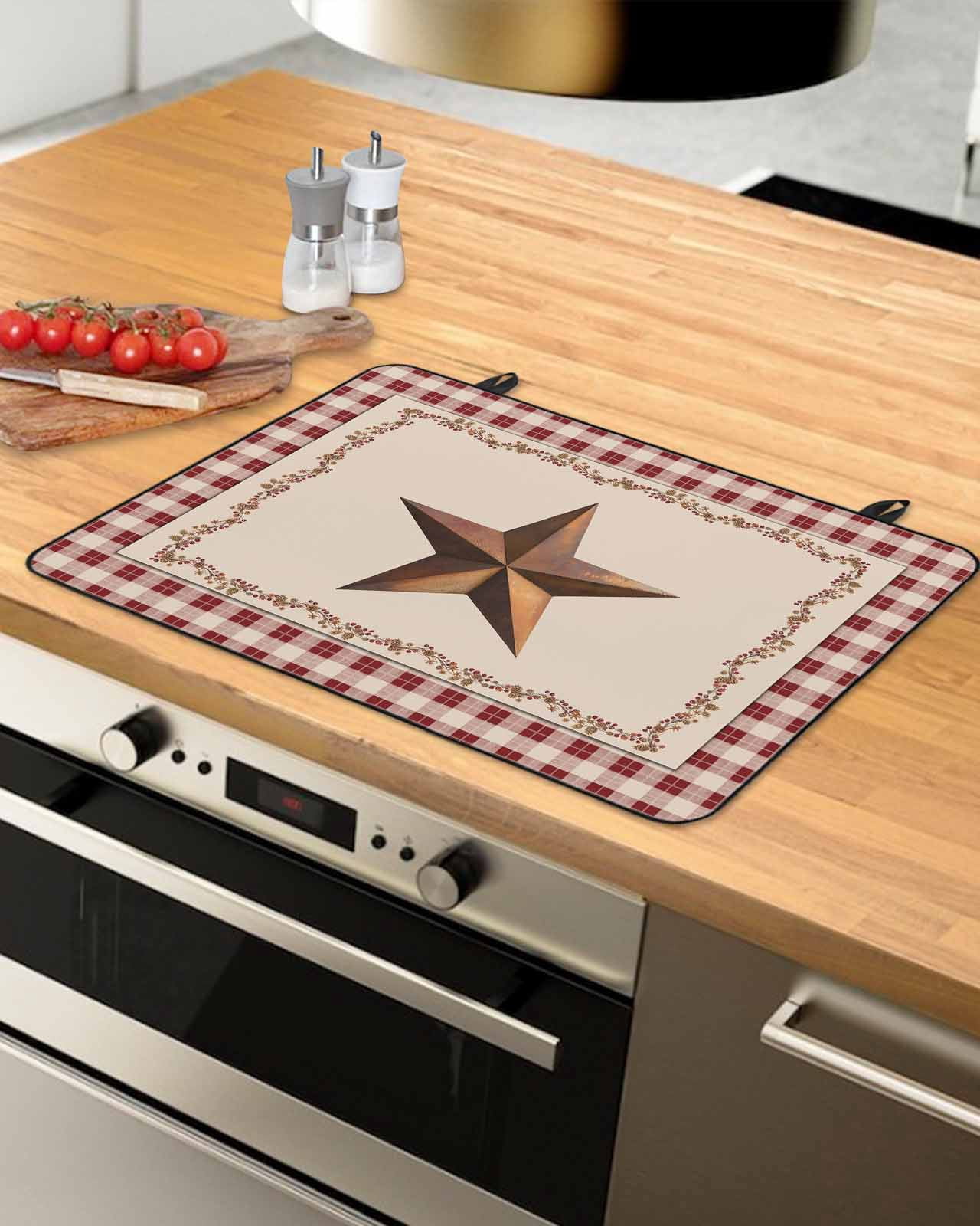 Large Induction Cooktop Protector Mat Western Texas Star Retro Stove Top Covers for Electric Stove, Rustic Vintage Farm Red Beige Plaid Decorative Stove Burner Cover Mats, Glass Top Stove Cover