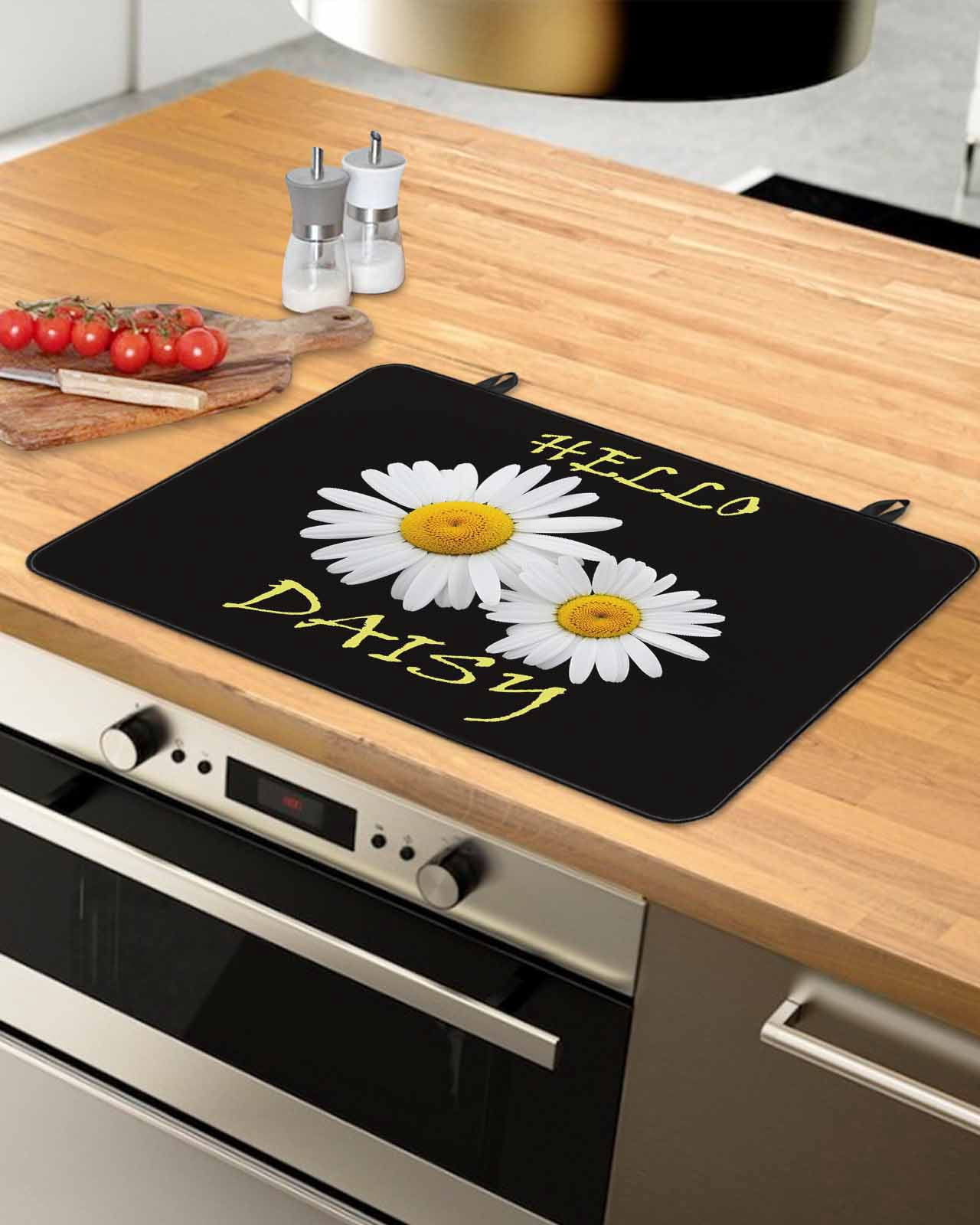 Large Induction Cooktop Protector Mat White Daisy Stove Top Covers for Electric Stove, Spring Hello Daisy Floral Black Decorative Stove Burner Cover Mats, Glass Top Stove Cover
