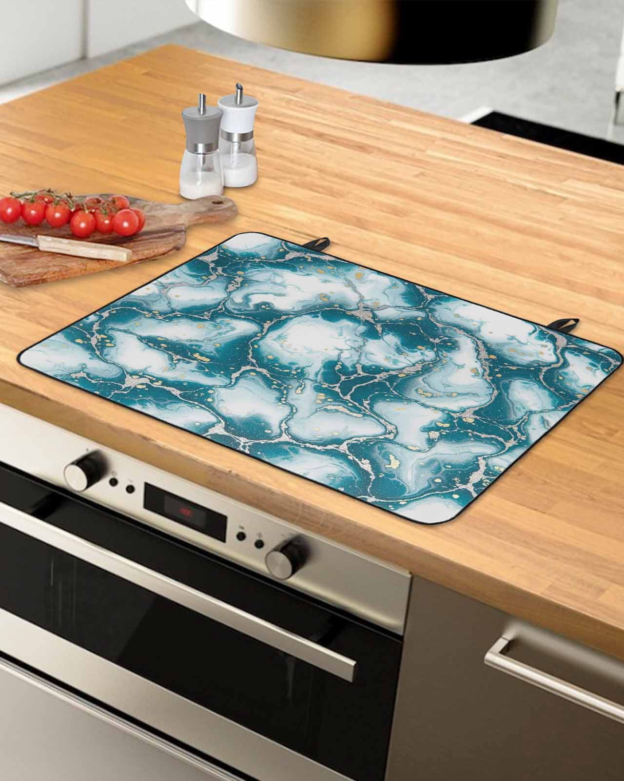 Large Induction Cooktop Protector Mat White Dark Green Marble Stove Top Covers for Electric Stove, Modern Abstract Art Marble Crack Decorative Stove Burner Cover Mats, Glass Top Stove Cover