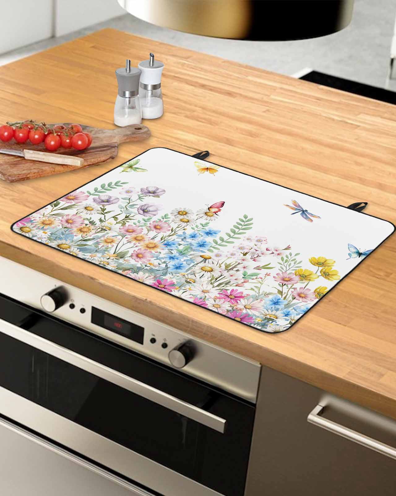 Large Induction Cooktop Protector Mat Wildflowers Stove Top Covers for Electric Stove, Farmhouse Country Dragonfly Butterfly Floral Decorative Stove Burner Cover Mats, Glass Top Stove Cover