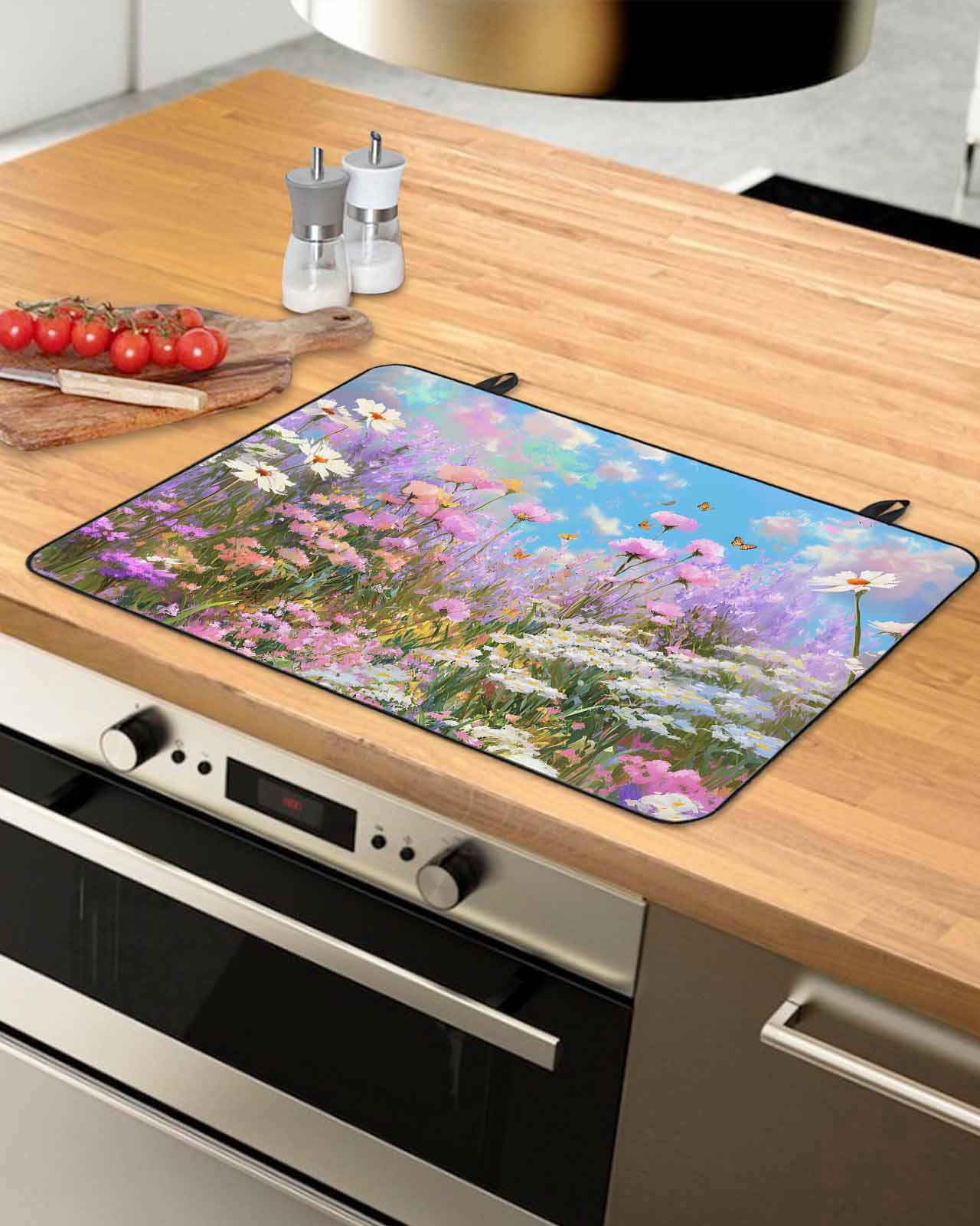 Large Induction Cooktop Protector Mat Wildflowers Stove Top Covers for Electric Stove, Spring Country Oil Painting Floral Plant Decorative Stove Burner Cover Mats, Glass Top Stove Cover