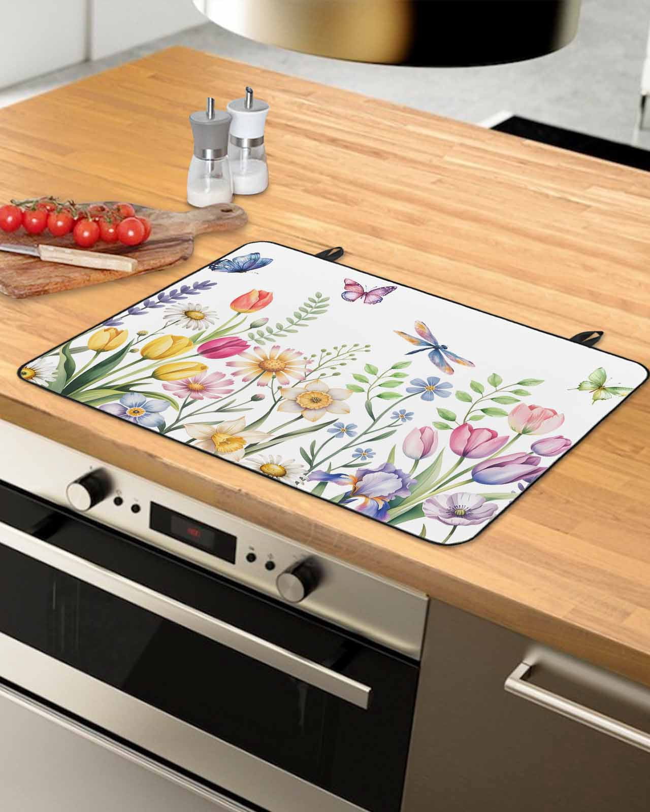 Large Induction Cooktop Protector Mat Wildflowers Stove Top Covers for Electric Stove, Spring Country Tulip Butterfly Floral Leaf Decorative Stove Burner Cover Mats, Glass Top Stove Cover