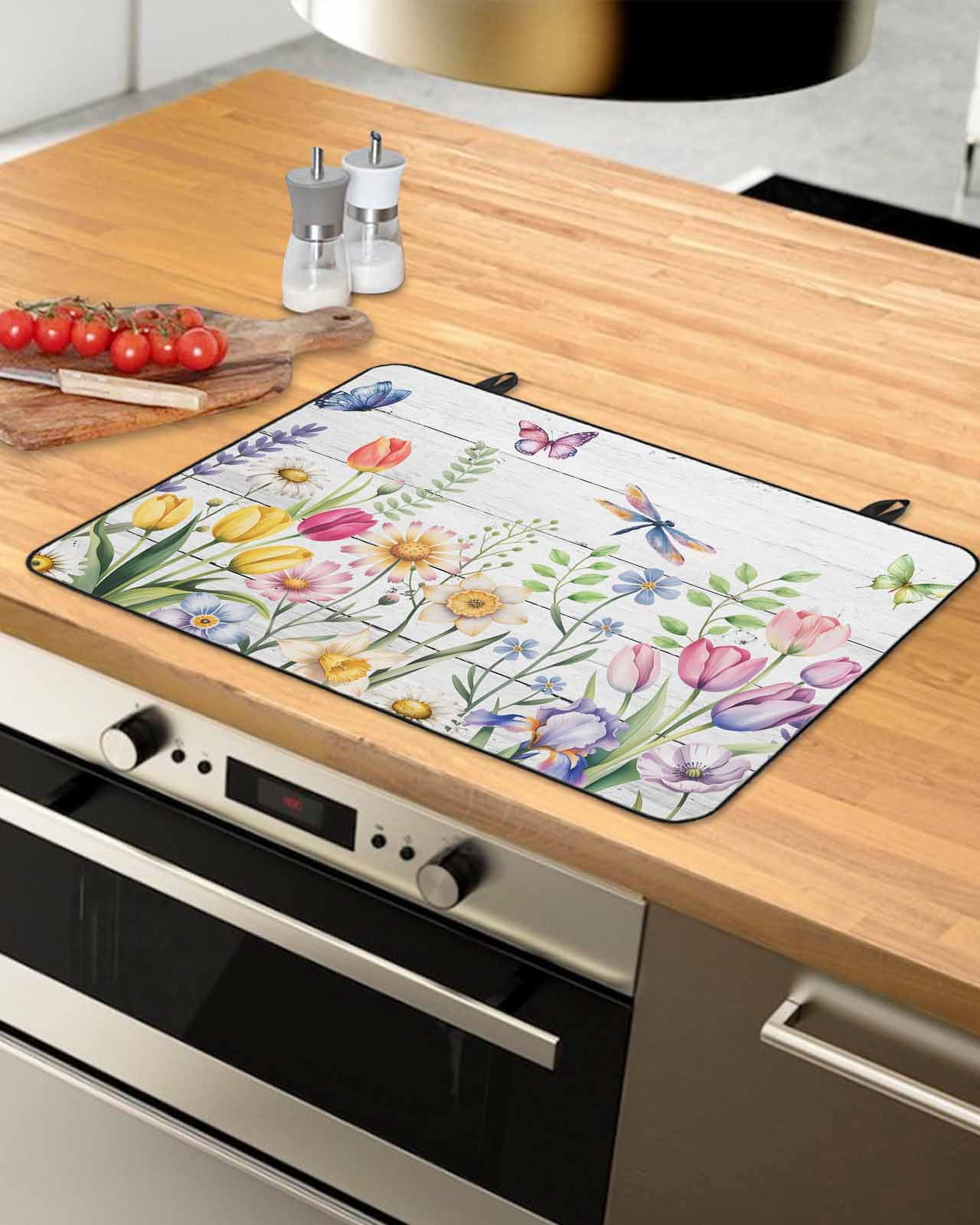 Large Induction Cooktop Protector Mat Wildflowers Stove Top Covers for Electric Stove, Spring Farmhouse Tulip Floral Leaf Wooden Grain Decorative Stove Burner Cover Mats, Glass Top Stove Cover
