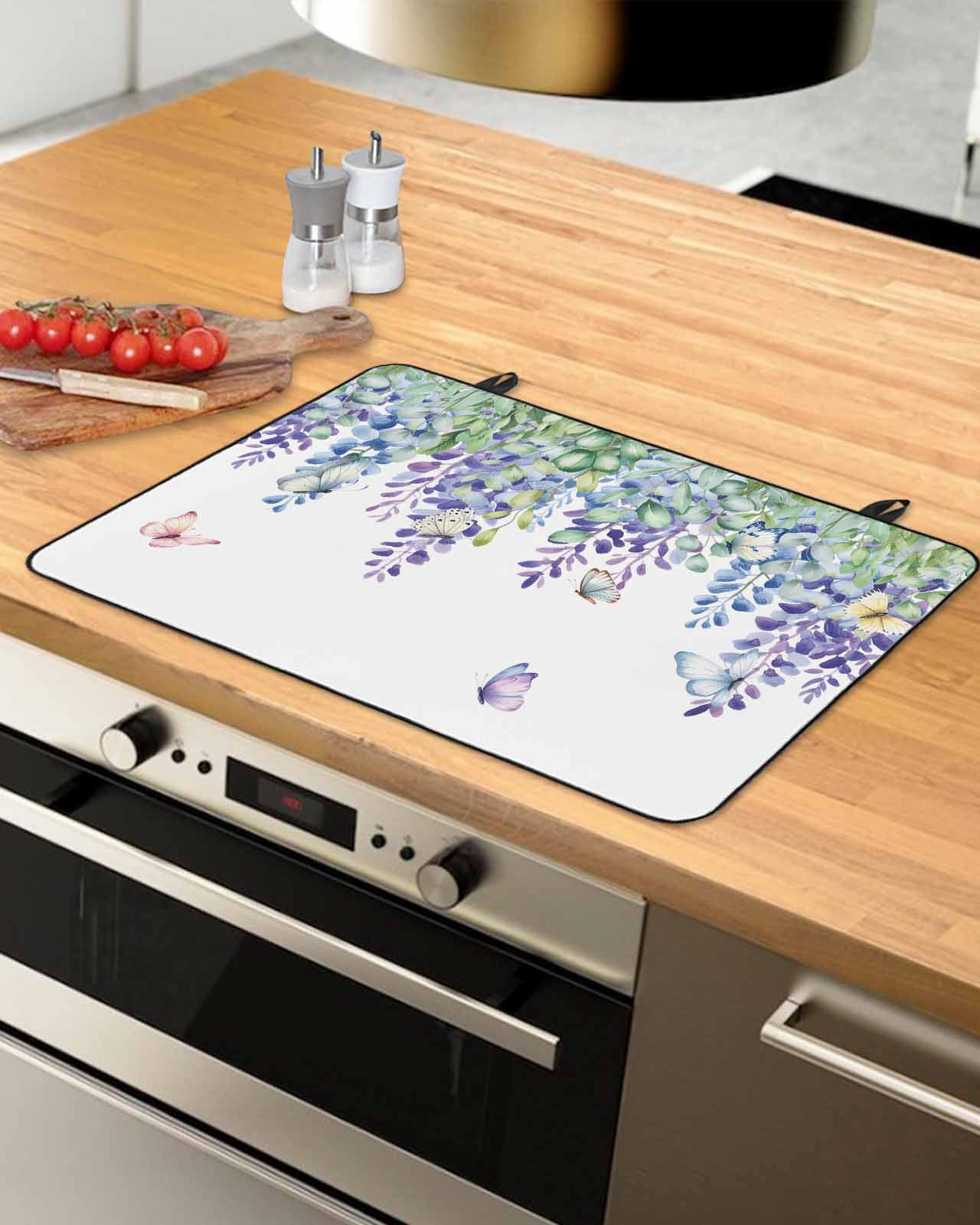 Large Induction Cooktop Protector Mat Wisteria Stove Top Covers for Electric Stove, Purple Flowers Leaves Butterflies Botanical Spring Decorative Stove Burner Cover Mats, Glass Top Stove Cover