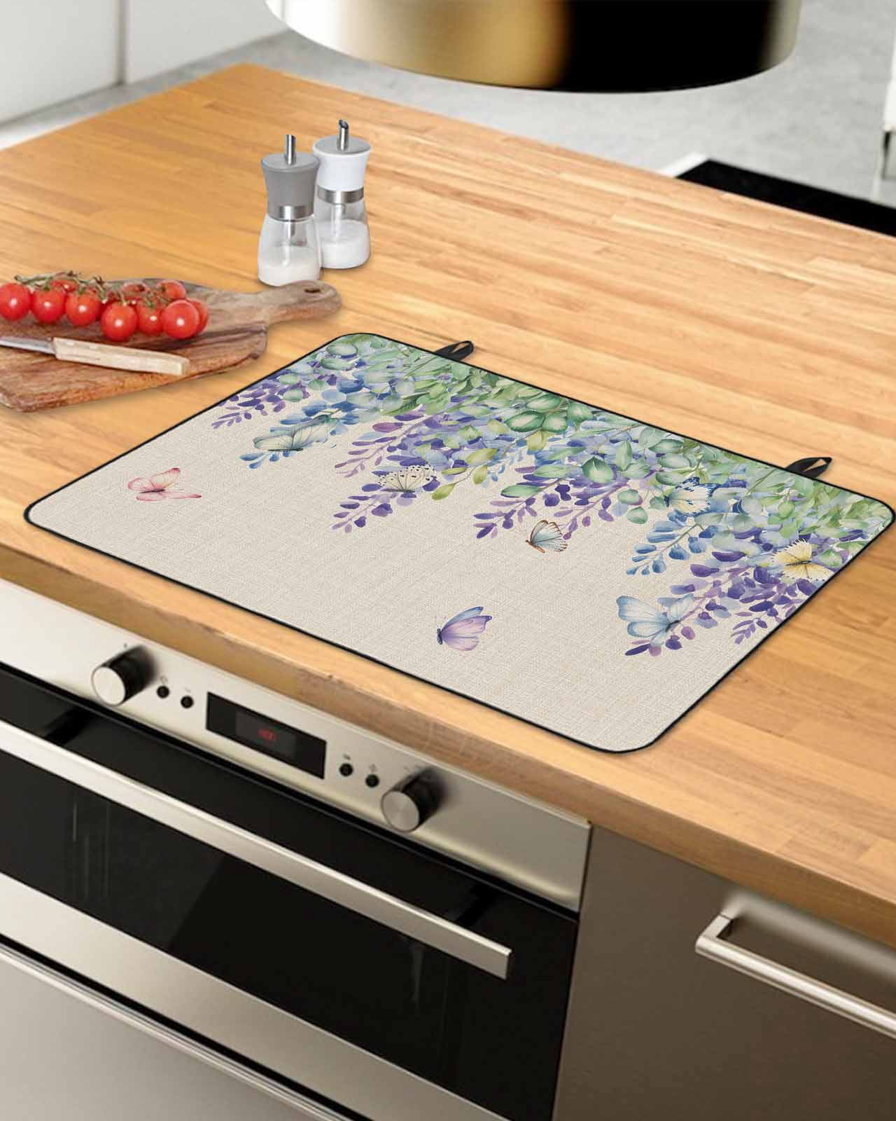 Large Induction Cooktop Protector Mat Wisteria Stove Top Covers for Electric Stove, Purple Flowers Leaves Butterflies Plants Spring Beige Decorative Stove Burner Cover Mats, Glass Top Stove Cover
