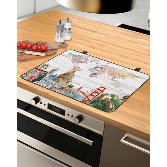Large Induction Cooktop Protector Mat World Map Stove Top Covers for Electric Stove, Country Famous Building Tourism Bridge Wooden Decorative Stove Burner Cover Mats, Glass Top Stove Cover