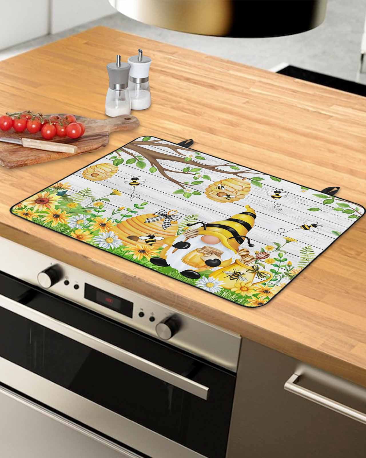 Large Induction Cooktop Protector Mat Yellow Daisy Gnomes Stove Top Covers for Electric Stove, Pastoral Bees Floral Botanical Wood Decorative Stove Burner Cover Mats, Glass Top Stove Cover