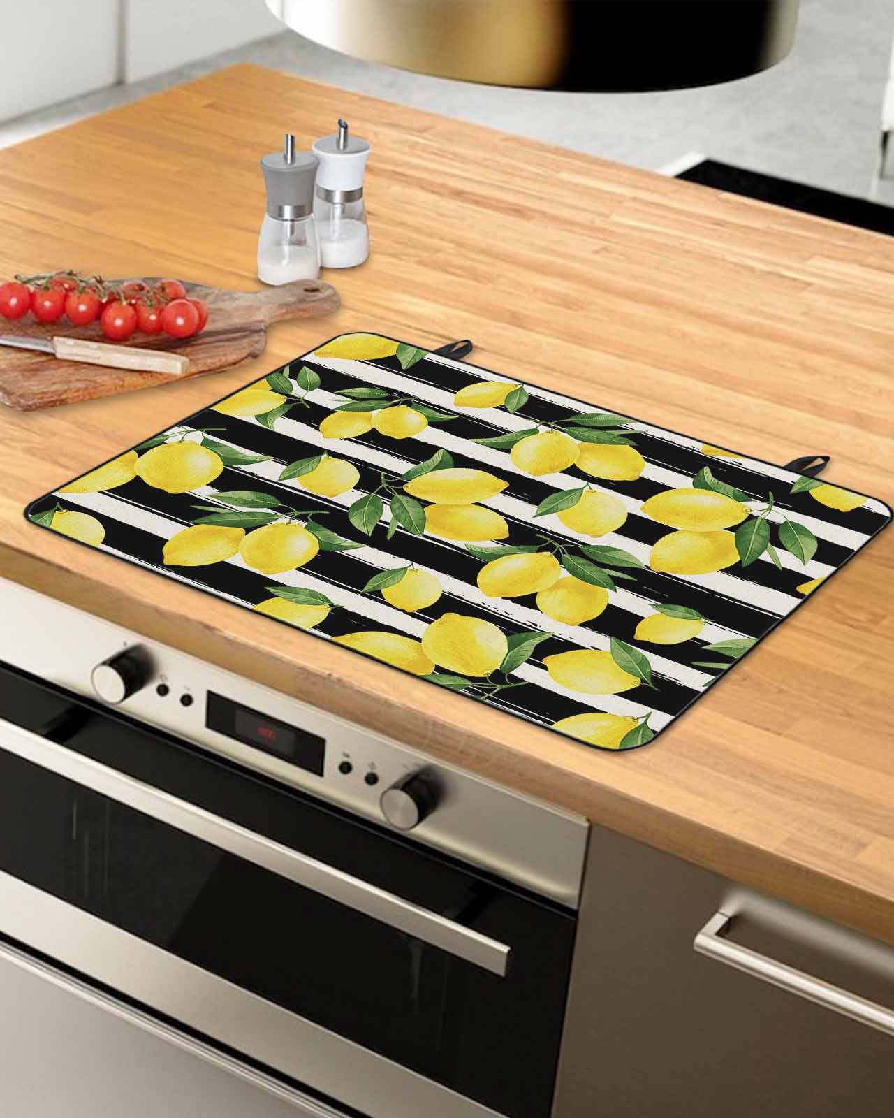 Large Induction Cooktop Protector Mat Yellow Lemons Stove Top Covers for Electric Stove, Summer Citrus Fruits Leaves Black Stripes Decorative Stove Burner Cover Mats, Glass Top Stove Cover