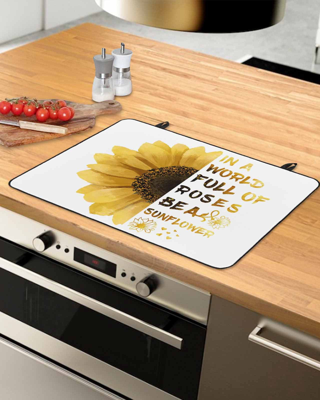 Large Induction Cooktop Protector Mat Yellow Sunflower Stove Top Covers for Electric Stove, Floral Rustic White Quotes Decorative Stove Burner Cover Mats, Glass Top Stove Cover