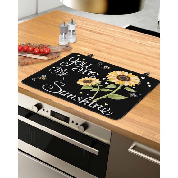Large Induction Cooktop Protector Mat You Are My Sunshine Stove Top Covers for Electric Stove, Yellow Sunflowers Cute Bees Heart Black Decorative Stove Burner Cover Mats, Glass Top Stove Cover