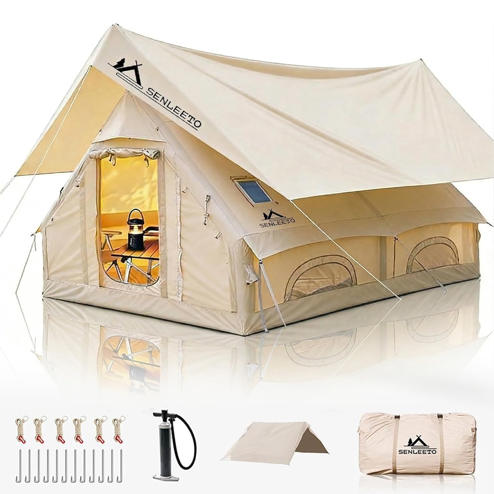 SENLEETO 13 X 10 Ft Inflatable Tents for Camping with tent fly 8 Person - 4 Season Blow Up Tent with Stove Jack And AC Port, Easy Setup Portable Air Tent for Family Glamping