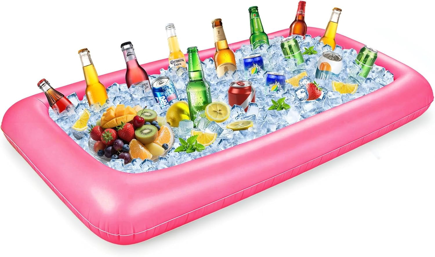 Large Inflatable Ice Serving Bar for Food, Drinks, Salad, Floating Buffet Cooler Tray with Drain Plug for Pool Party, BBQ, Picnic, Camping, Beach, and Outdoor Supplies Rose Pink