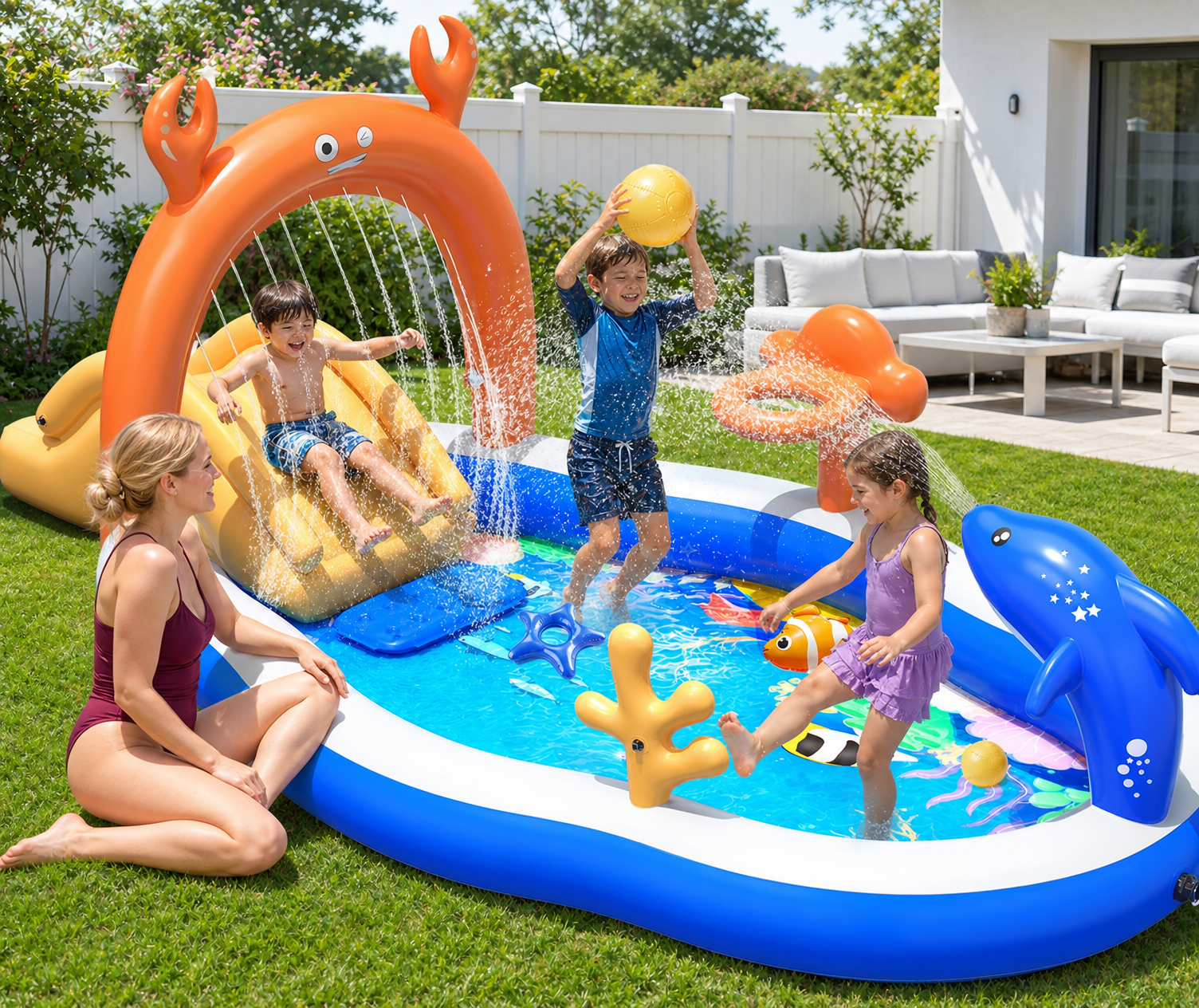 Large Inflatable Kiddie Pool with Water Slide and Sprinkler, 120 x 70 x 50 Inch Kids Inflatable Play Center with Basketball Hoop, Ring Toss and Splash Area for Backyard Summer Water Play, Blue
