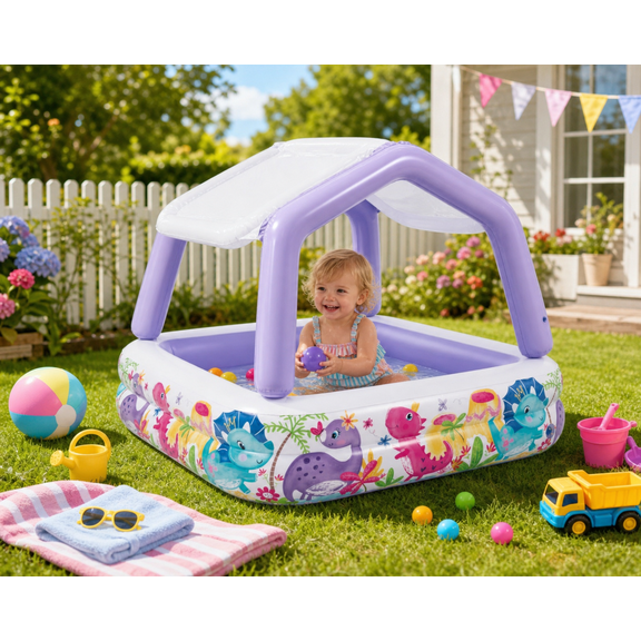 Kids Sun Shade Inflatable Pool, 62 x 62 x 48 in Square Kiddie Pool with Canopy, Soft Inflatable Floor, Drain Plug and Ocean Scene Design for Backyard Outdoor Water Play