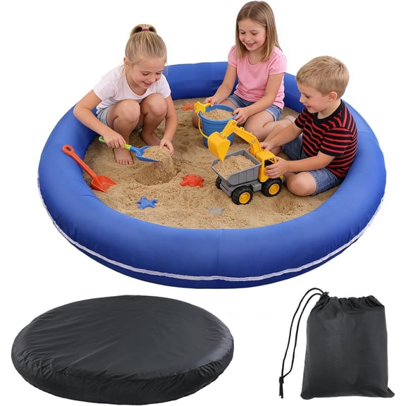 Large Inflatable Sandbox with Cover - No Assembly Required Sandbox Toys for Kids Ages 1-8, Backyard Garden Patio Play Set Gift for Boys and Girls