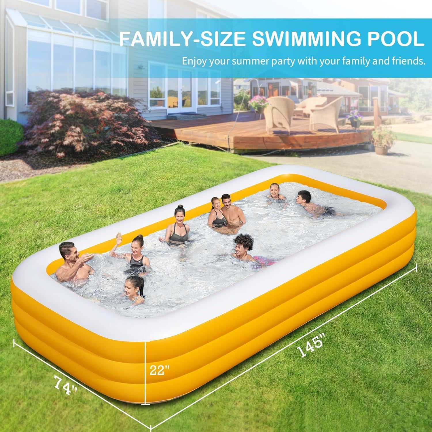 Large Inflatable Swimming Pool 145" X 74" X 22" for Family, Backyard, Garden, Summer Water Party