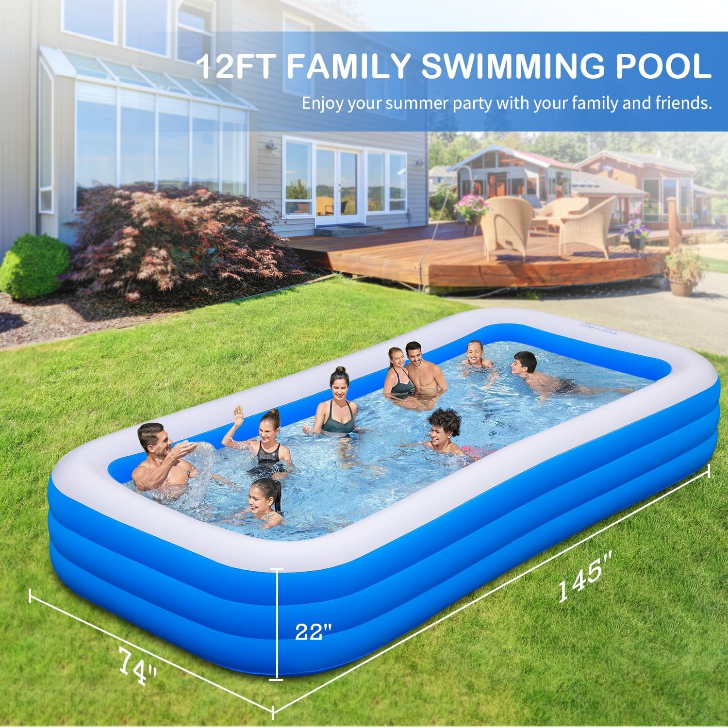 Large Inflatable Swimming Pool 145" X 74" X 22" with Repair Patch for Family Backyard Water Party