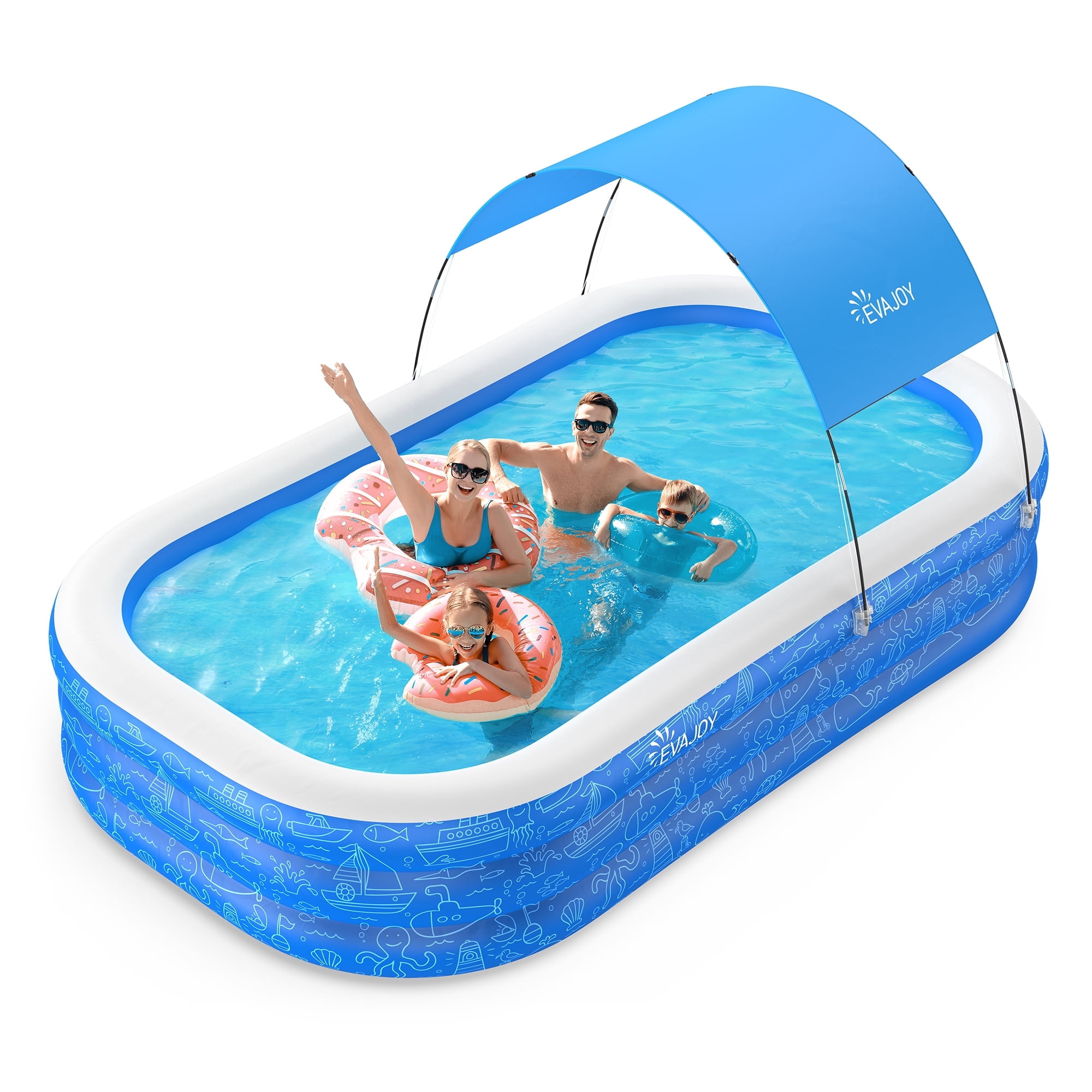 Large Inflatable Swimming Pool with Canopy, 120” x 70” x 20” Full-Sized Inflatable Pool for Kids & Adults, Kiddie Pool with Sun Shade, Blow Up Pool for Backyard, Garden, Age 3+, Blue