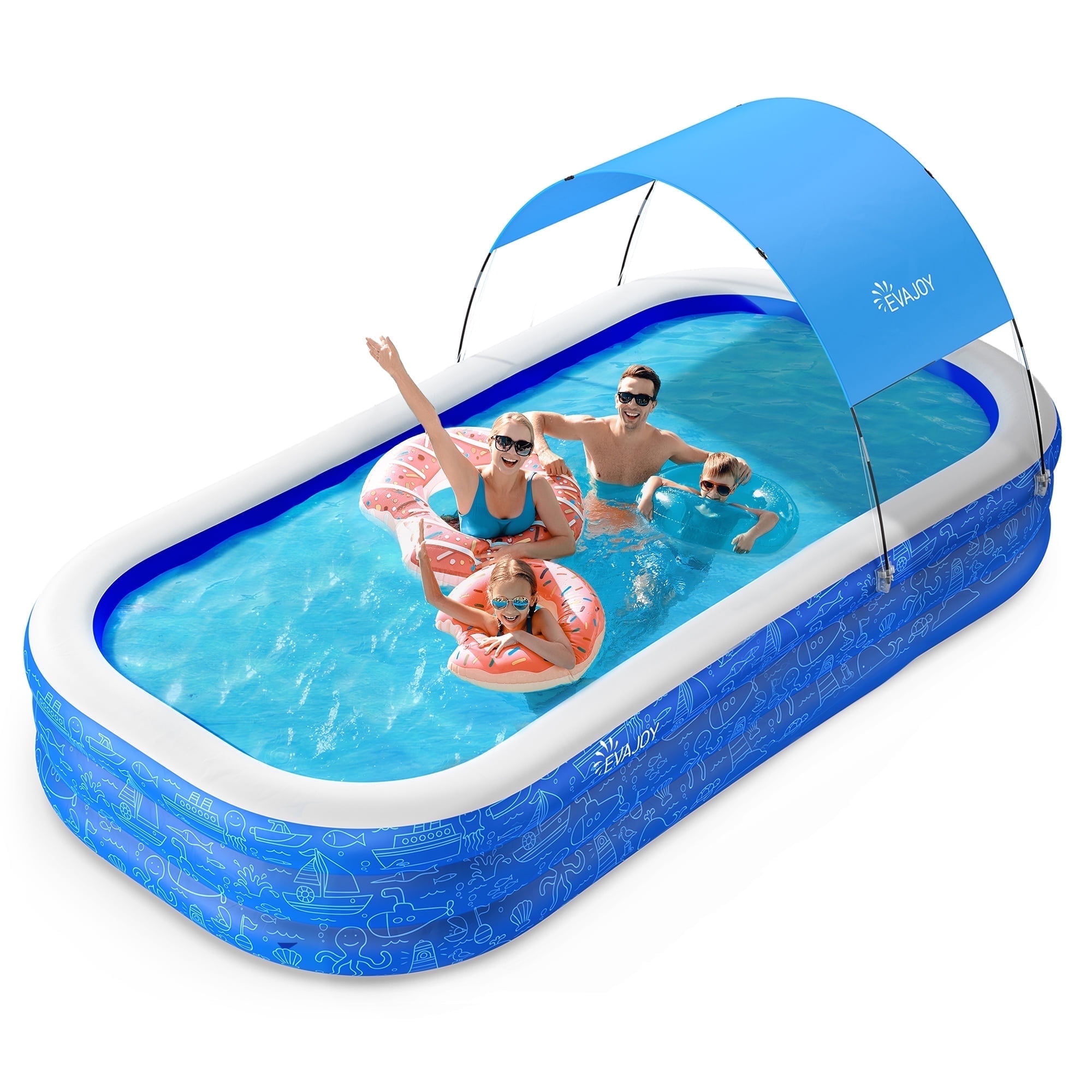 Large Inflatable Swimming Pool with Canopy, 120” x 70” x 20” Full-Sized Inflatable Pool for Kids & Adults, Kiddie Pool with Sun Shade, Blow Up Pool for Backyard, Garden, Age 3+, Blue