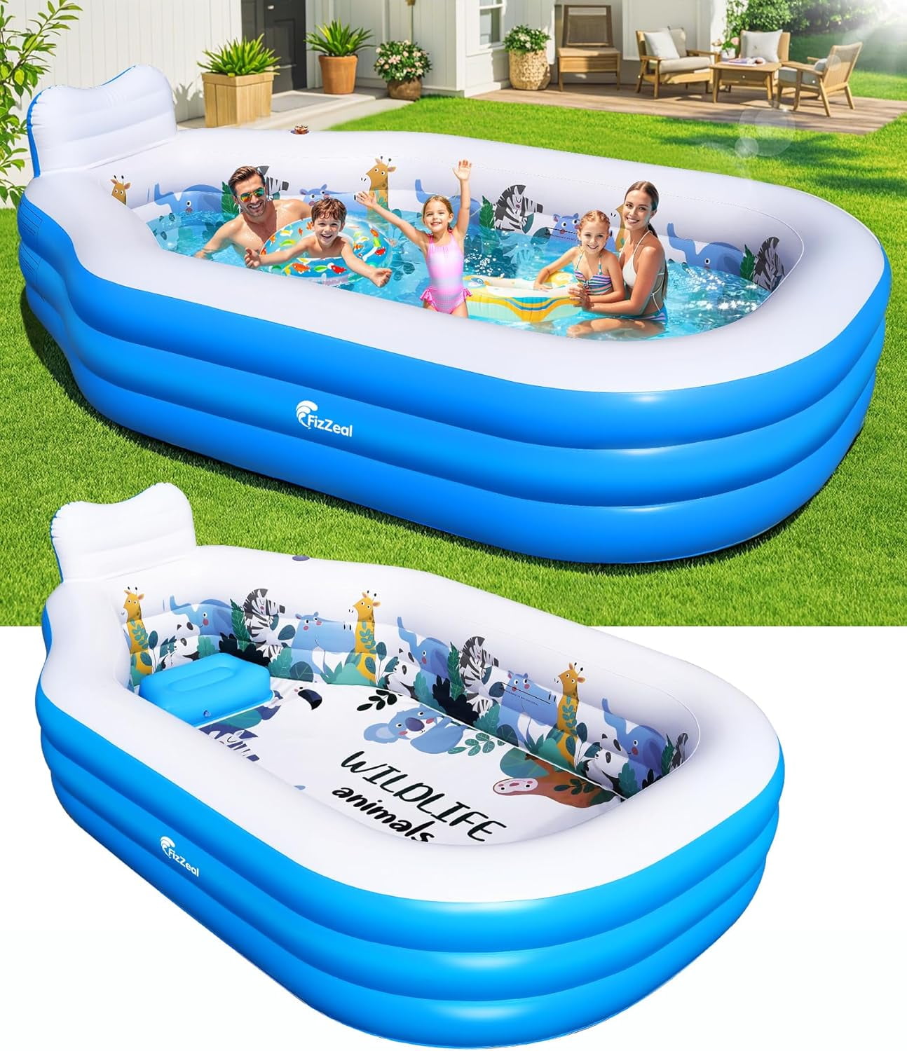 Large Inflatable Swimming Pool for Kids and Adults,Thickened Adult Pool for Backyard with Seat and Backrest, Kids Outdoor Blow up Pools,125"X75"X25"Inflatable Pools for Summer (Sky Blue)