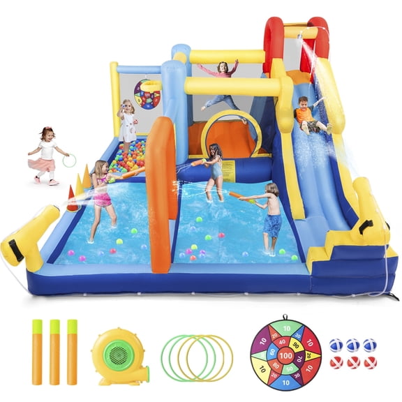 Large Inflatable Water Slide Bouncer House Fun Water Park Playground with Splash Pool,Climbing Wall,Basketball Hoop,Trampoline,Air Blower Backyard Garden Outdoor Indoor